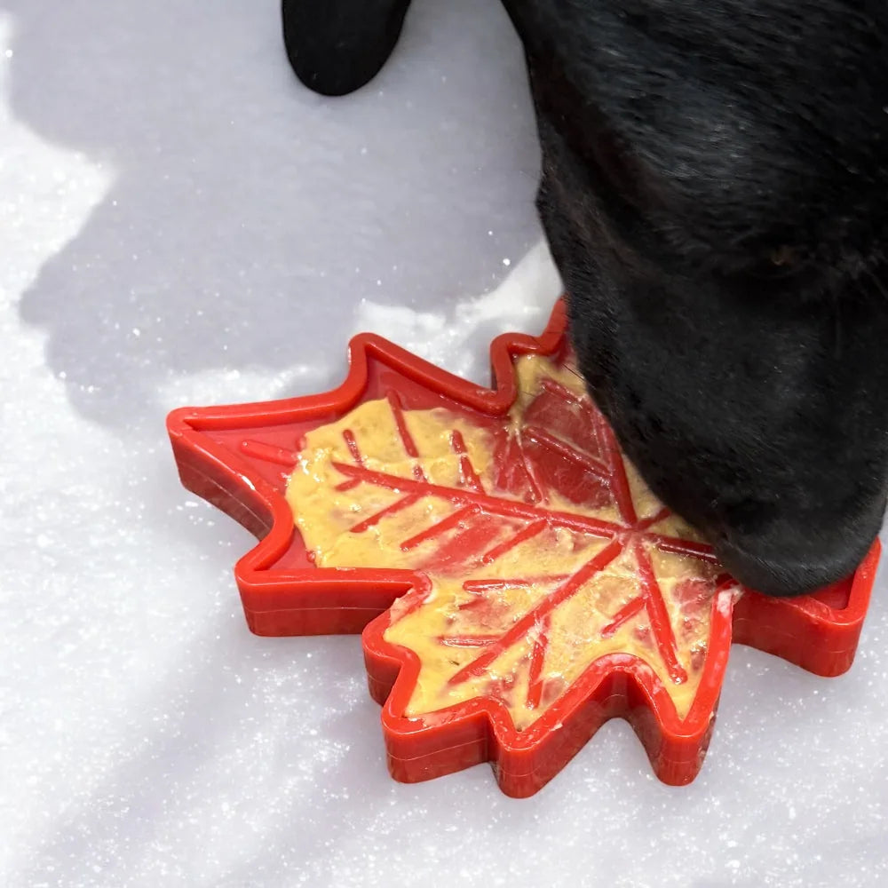 Red Canadian Maple Leaf nylon dog chew toy with treat filling, featuring textured grooves for gripping.