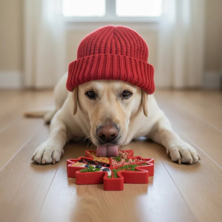 Labrador retriever in a red knitted hat licking a Canadian maple leaf-shaped nylon dog chew toy.