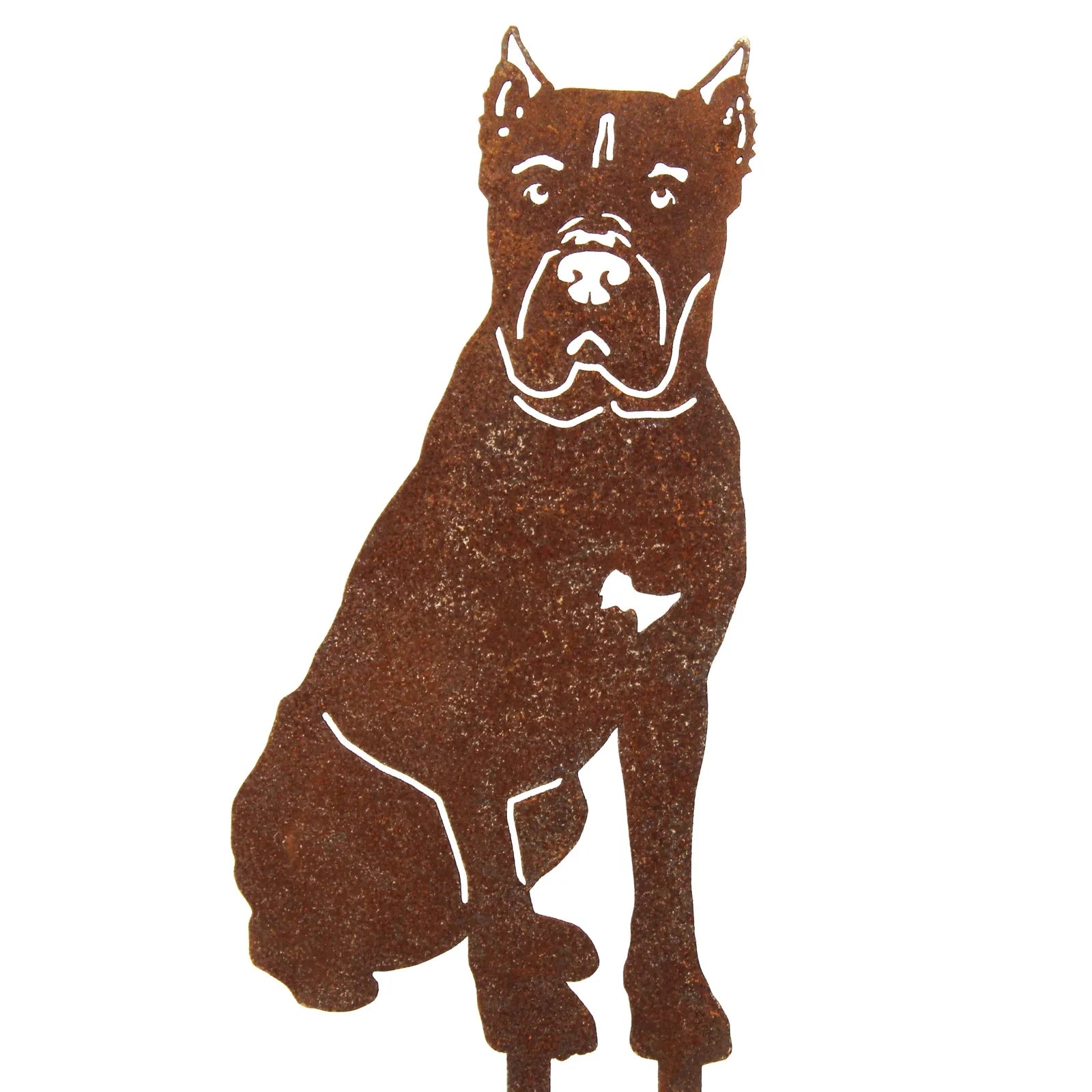 Cane Corso metal silhouette in rusted Corten steel, showcasing a seated dog design, perfect for outdoor decor.