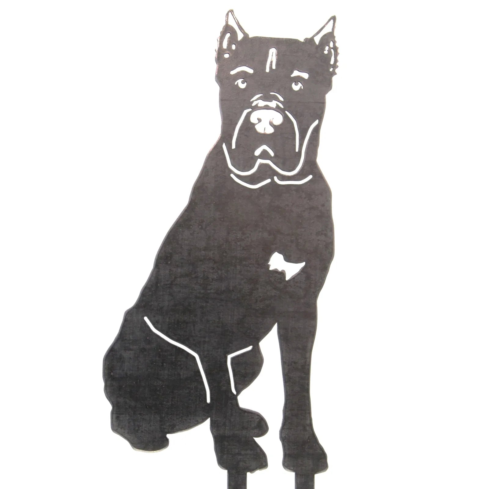 Black metal silhouette of a Cane Corso dog, showcasing detailed features, designed for outdoor decor.