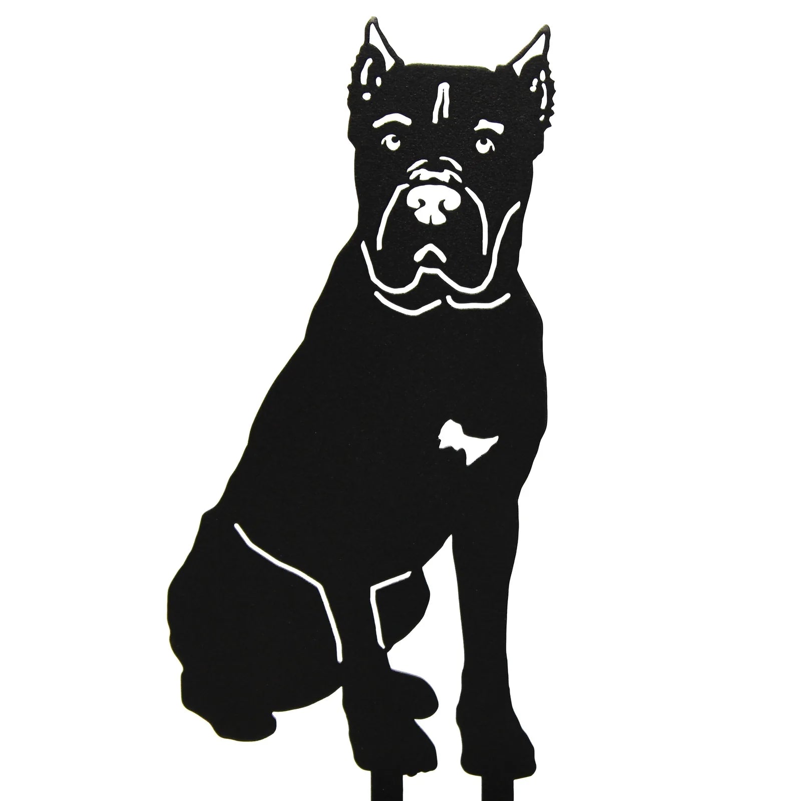 Black Cane Corso metal silhouette with detailed features, designed for outdoor decor and easy yard installation.