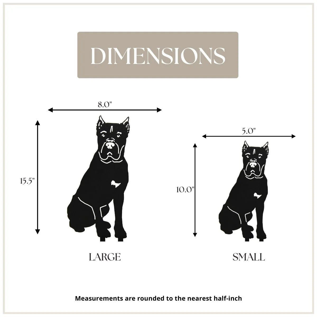 Black metal silhouette of a Cane Corso dog with dimensions displayed, showcasing small and large sizes for outdoor decor.