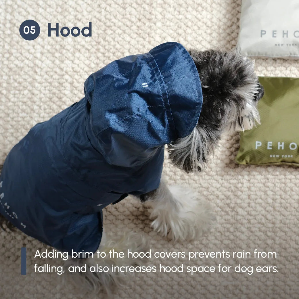 Beige raincoat on a dog, featuring a hood with brims for added rain protection and comfort.