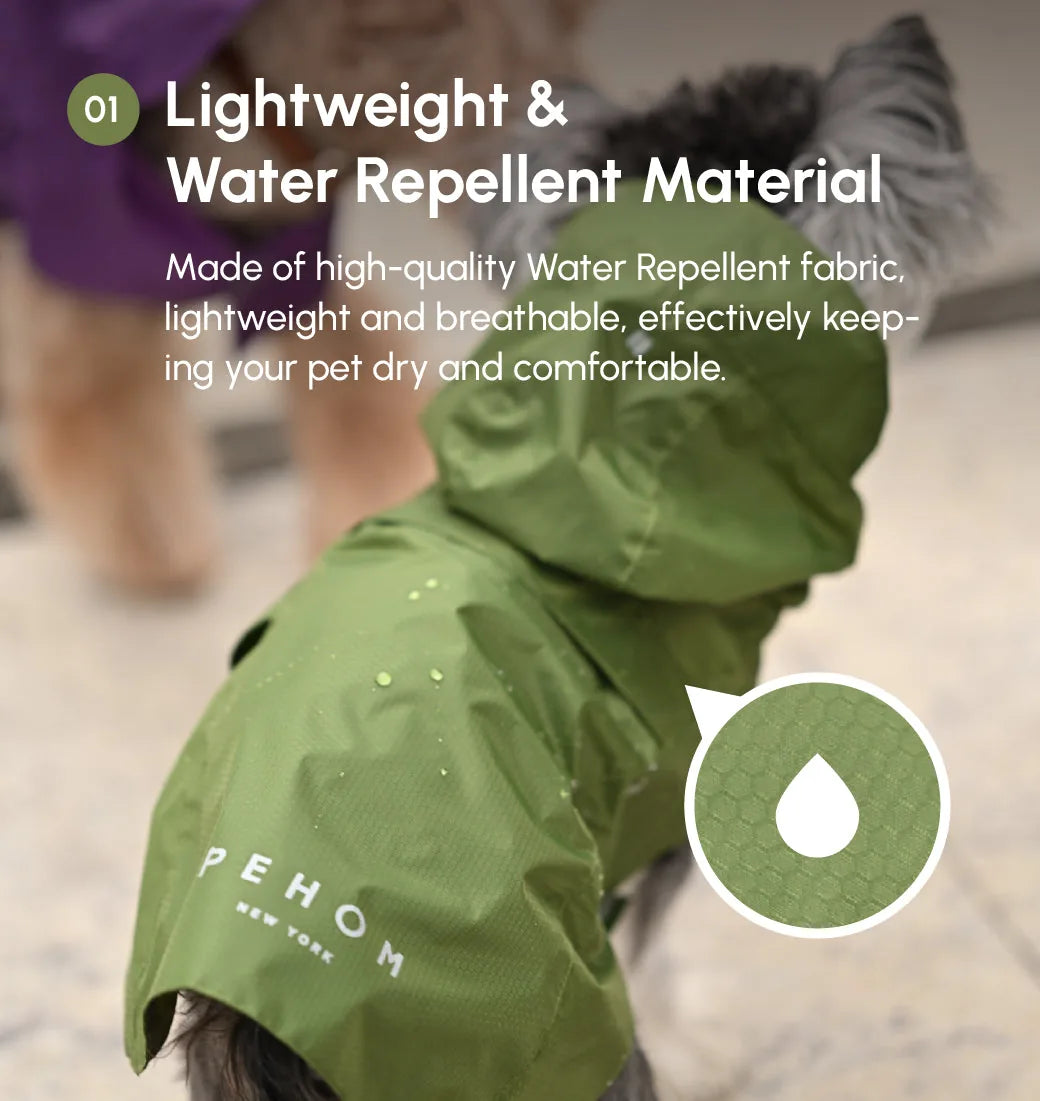 Beige lightweight, water-repellent dog raincoat with adjustable straps, designed for comfort and ease of movement.