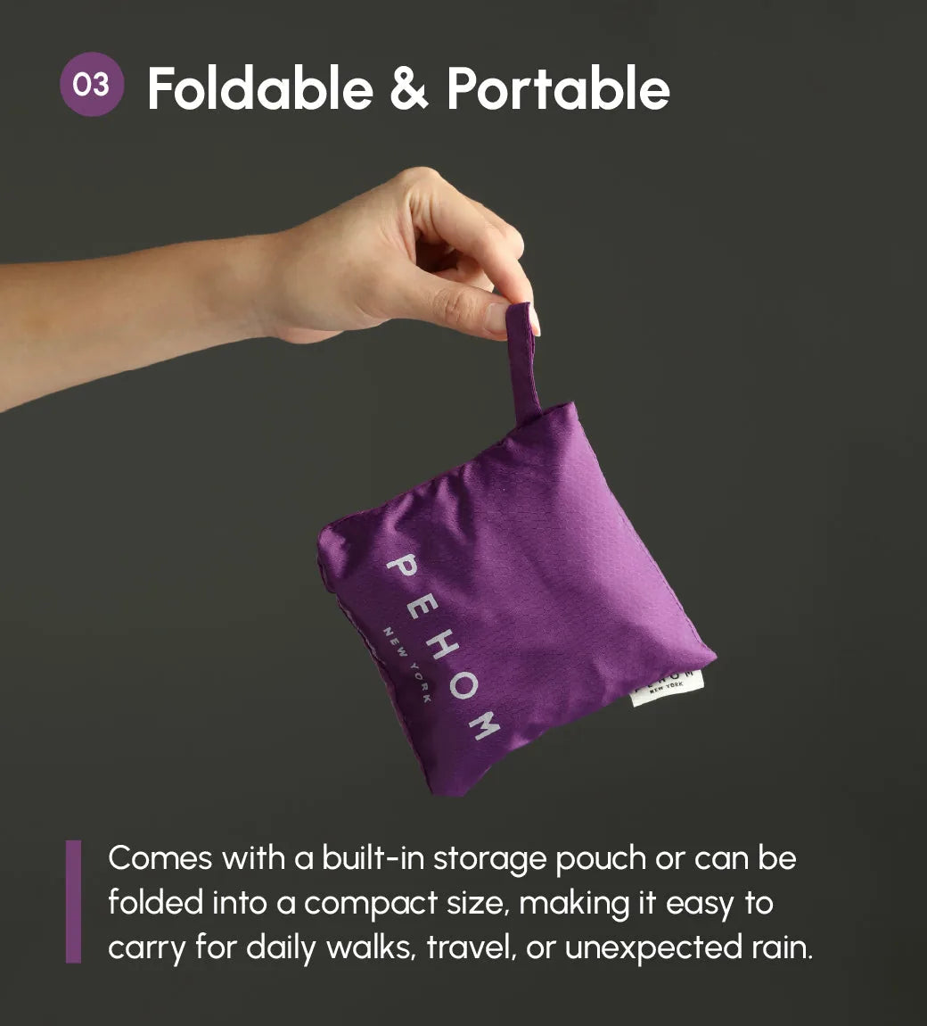 Compact purple storage pouch for the Capsule Raincoat, featuring 'PEHOM' branding and a convenient carrying loop.