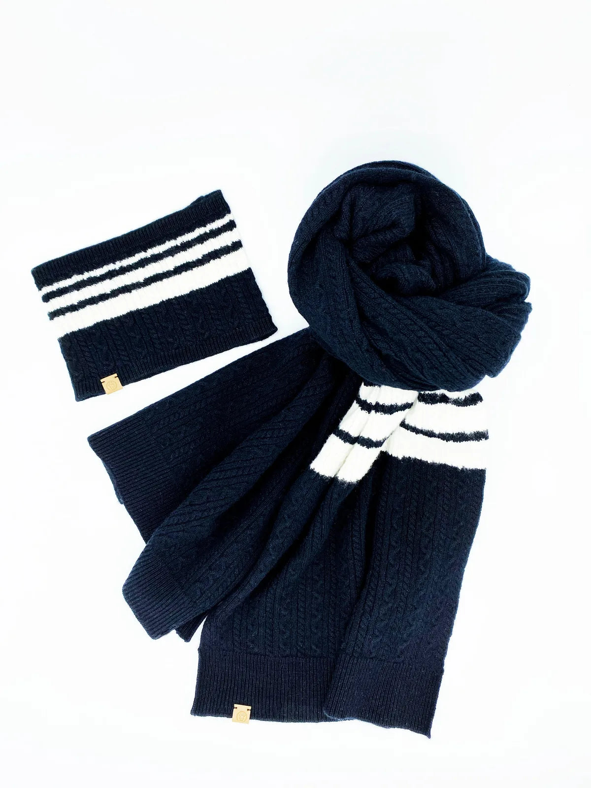 Cozy black cashmere blend scarf and matching cowl with white stripes, perfect for matching pet and human outfits.