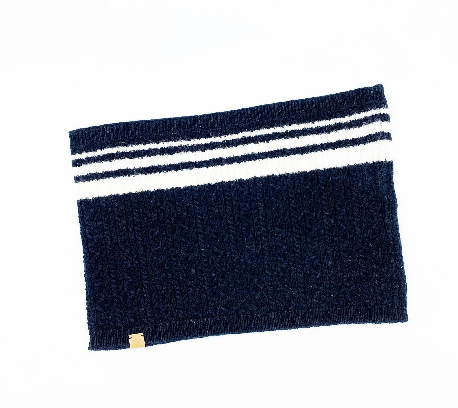 Cozy navy bandana with white stripes and textured knit design, made from a luxurious wool-cashmere blend.