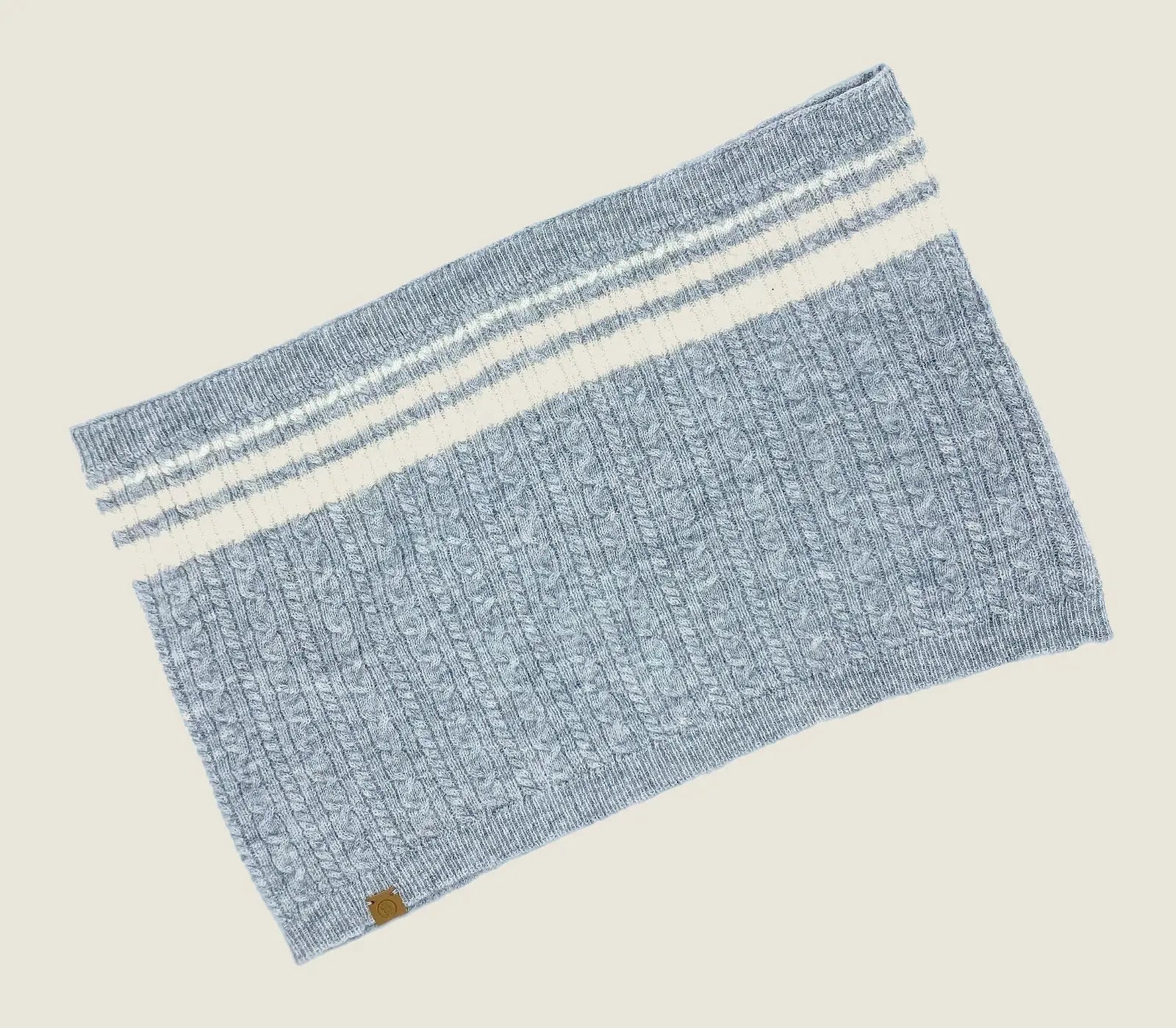 Heather Grey cashmere blend scarf featuring ribbed texture and white stripes, ideal for pets and their humans.