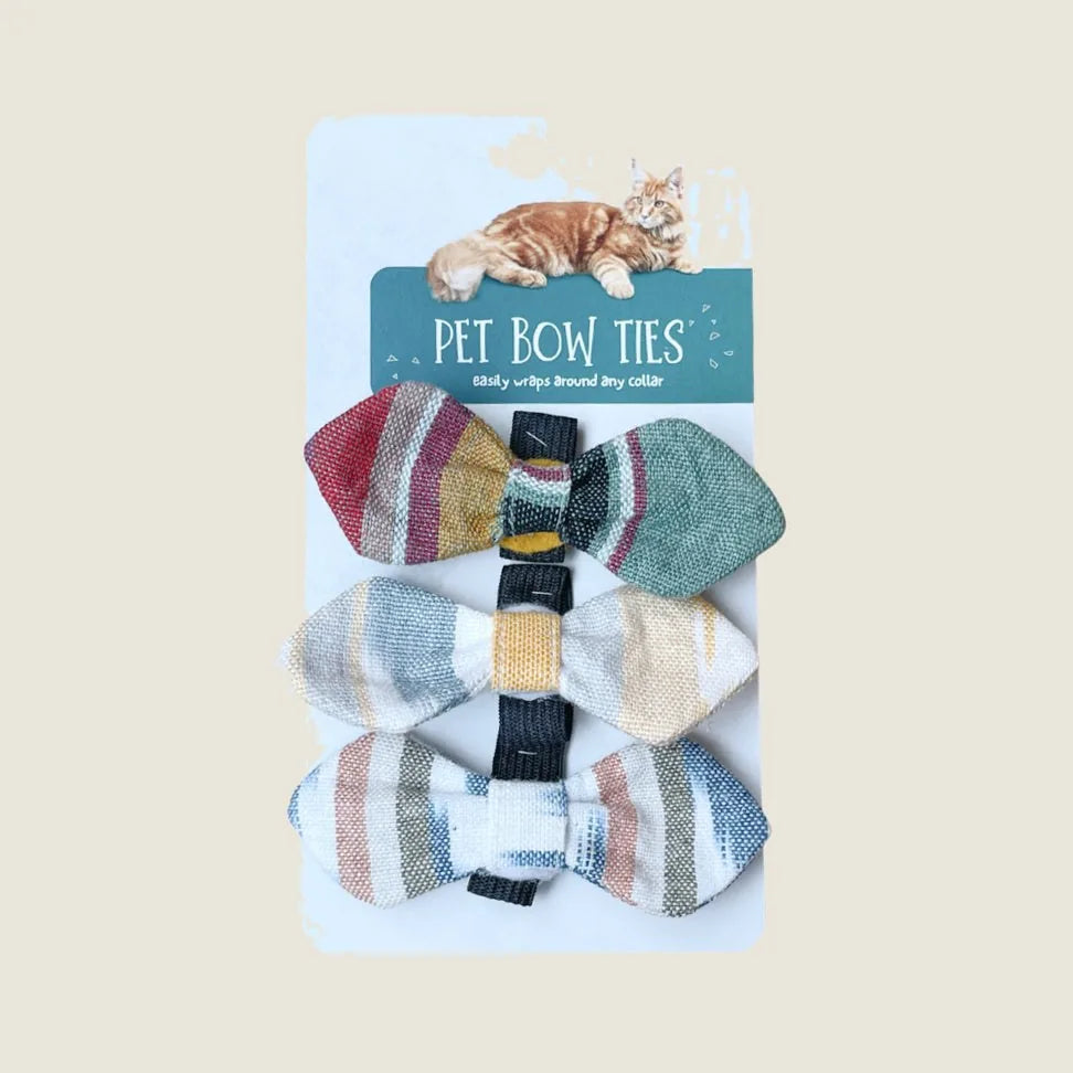 Set of three colorful pet bow ties, handcrafted fabric with patterns, easily attaches to any collar.