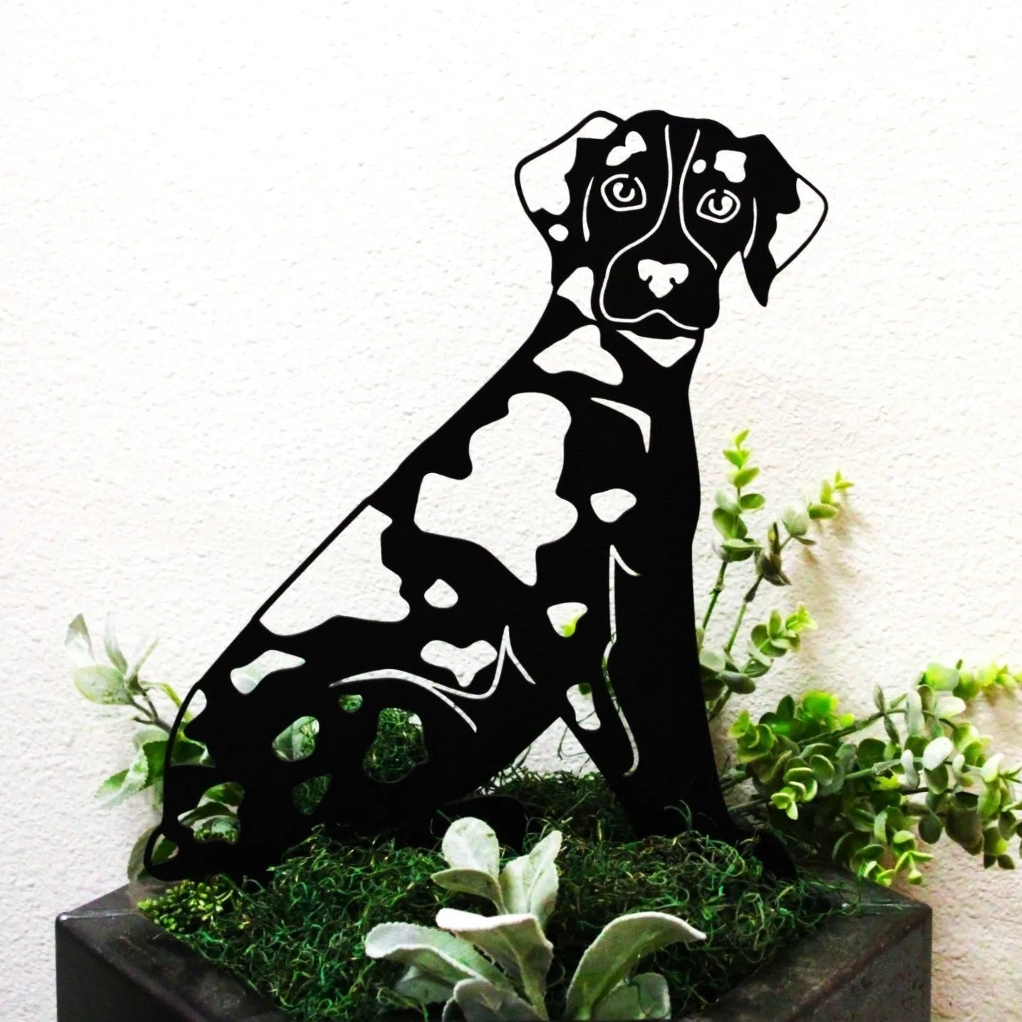 Black metal silhouette of a Catahoula Leopard Dog sitting among green foliage, showcasing detailed cutouts and expressive...