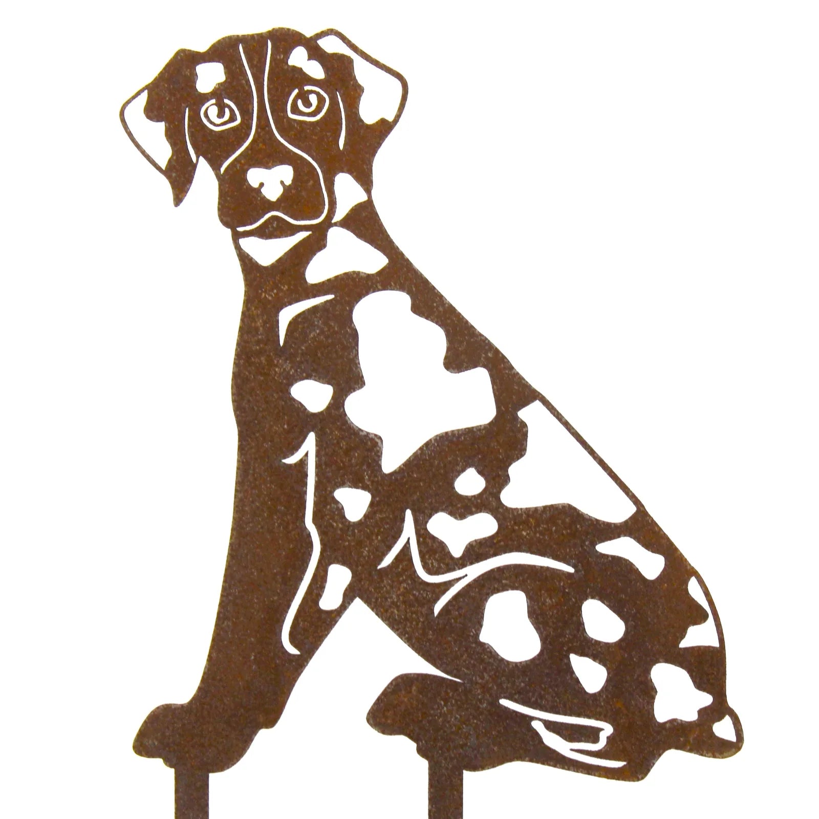 Catahoula Leopard Dog metal silhouette in Corten steel with a rustic finish, depicting a seated dog design.