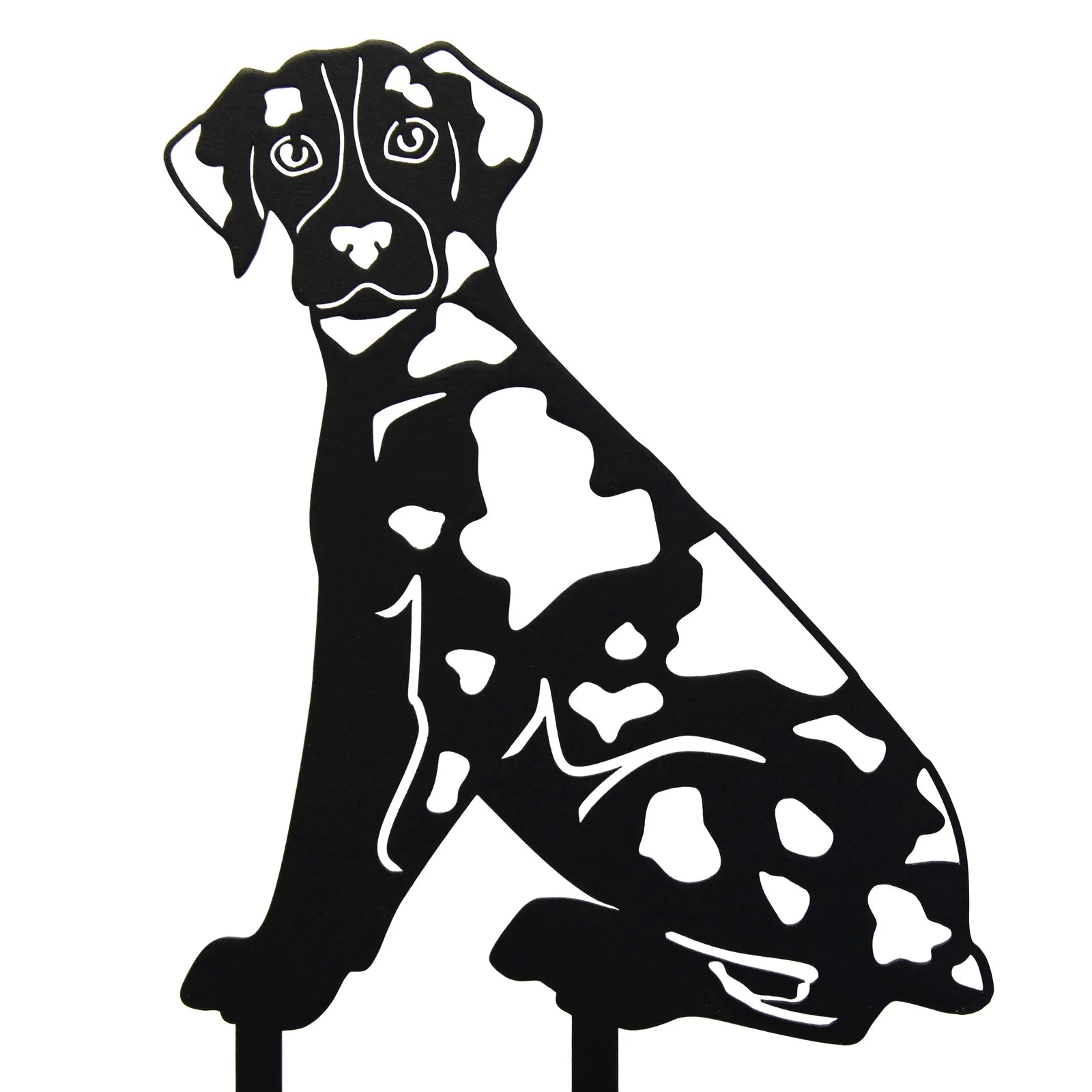 Black metal silhouette of a Catahoula Leopard Dog, with white markings, designed for outdoor decor.