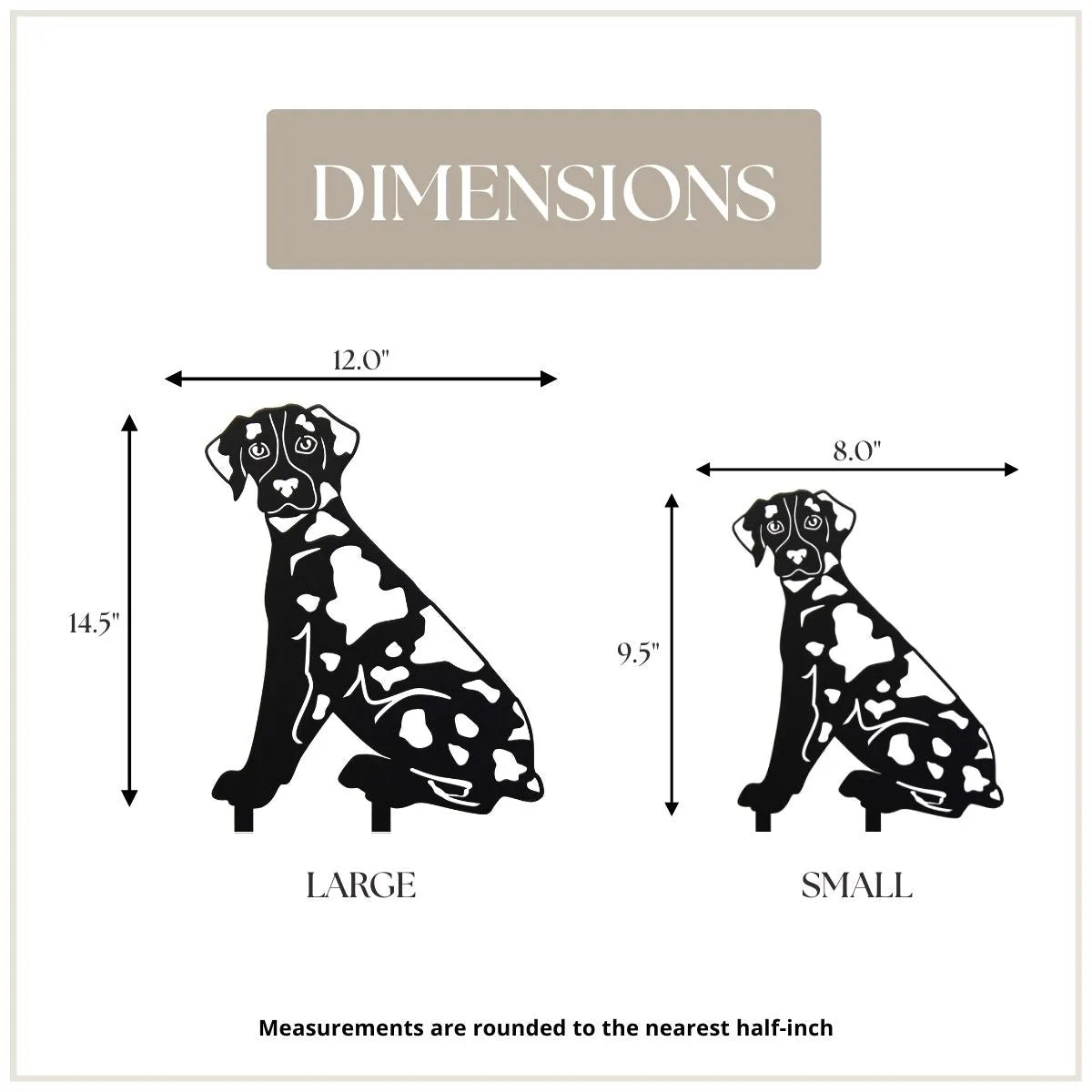 Black metal silhouette of a Catahoula Leopard Dog highlighting dimensions for large and small sizes, with clear, readable...