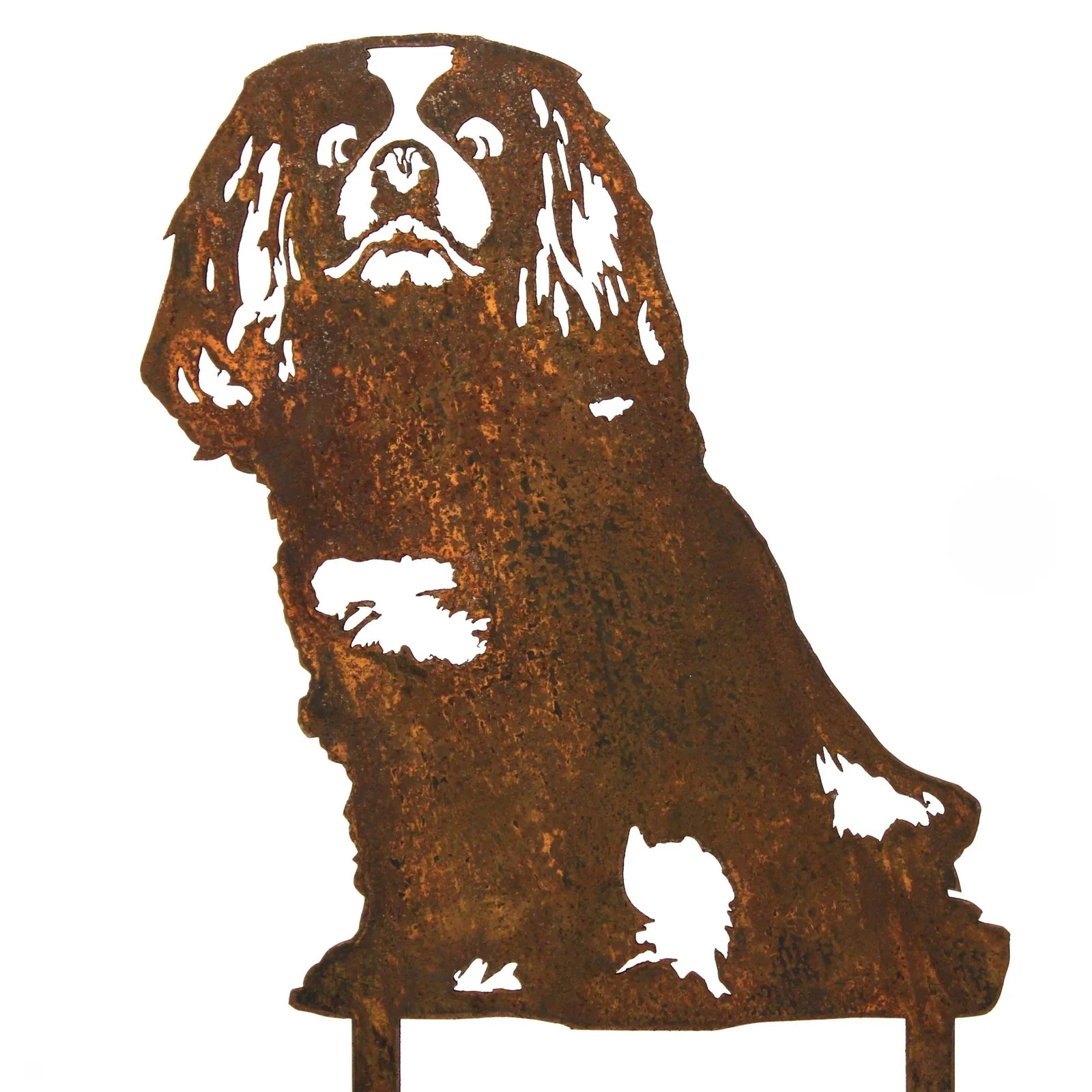 Cavalier King Charles Spaniel silhouette in weathered Corten steel, featuring intricate cutouts and a rustic finish.