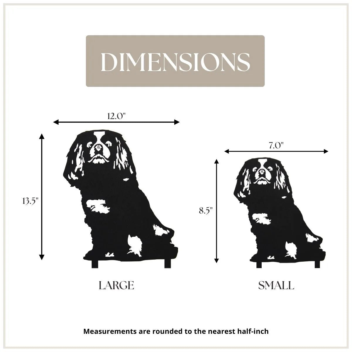 Black metal silhouettes of Cavalier King Charles Spaniel in large and small sizes, showcasing dimensions for wall art decor.