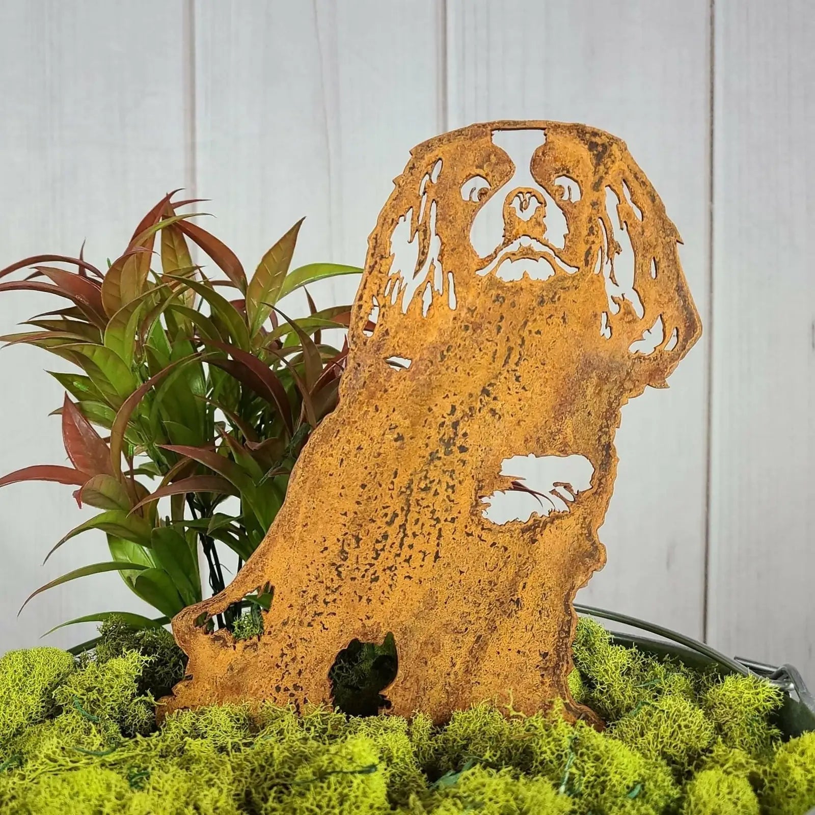 Cavalier King Charles Spaniel silhouette in rusted Corten steel, surrounded by green moss and foliage decor.