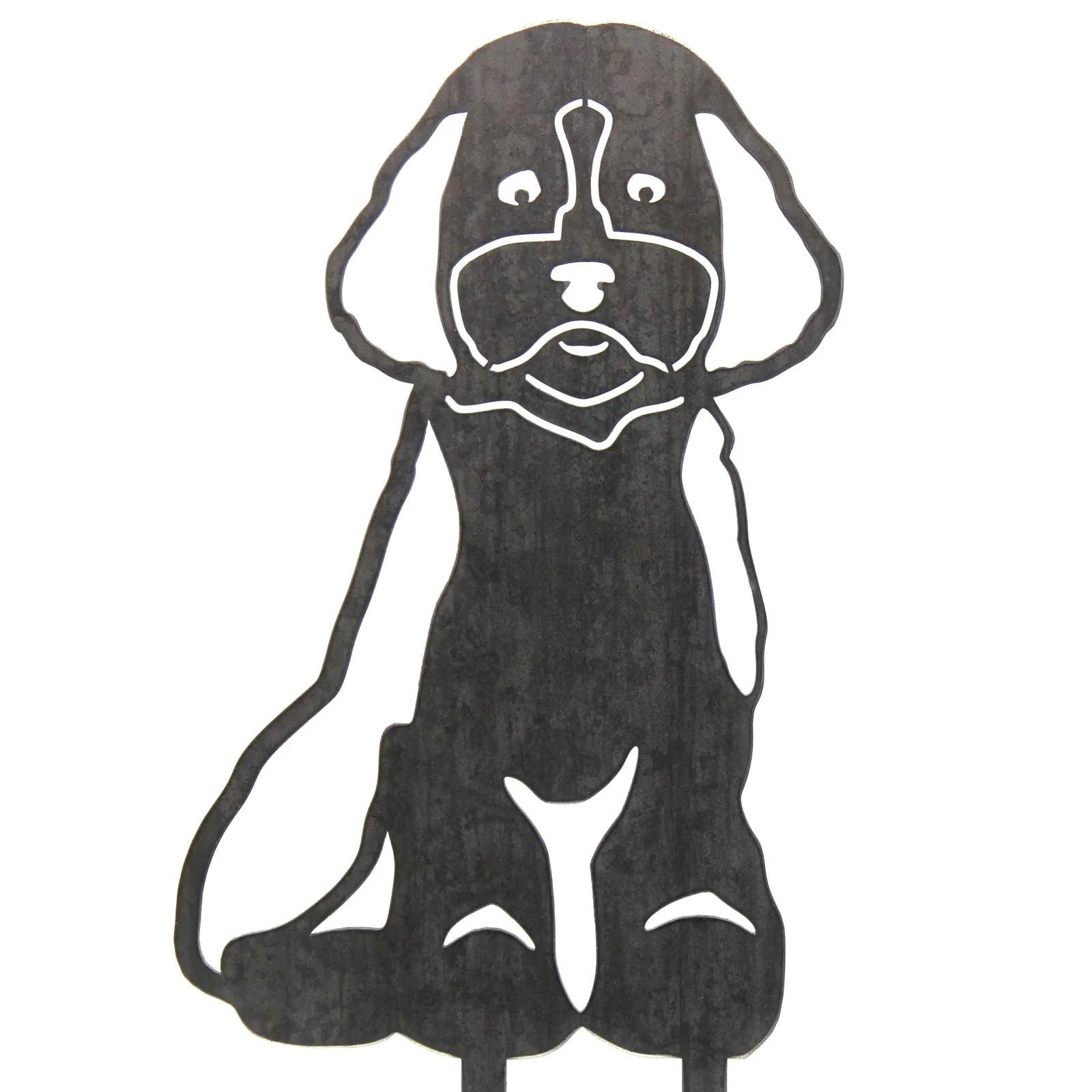 Black metal silhouette of a Cavapoo dog with a playful expression, designed for outdoor decor.