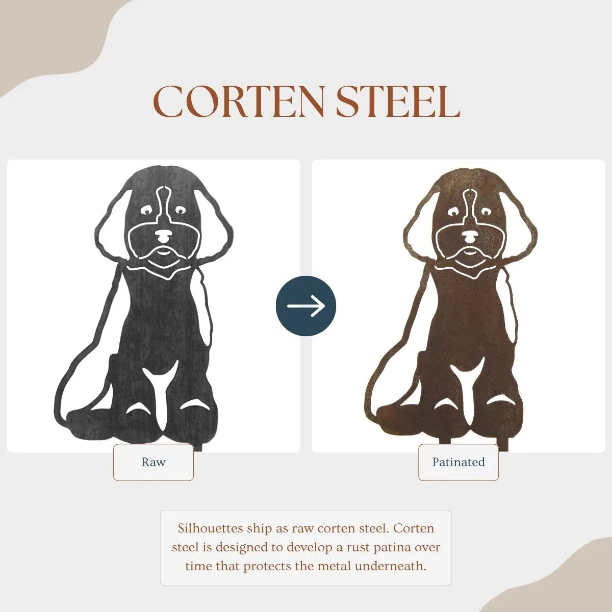 Cavapoo metal silhouette comparison showing raw Corten steel on the left and patinated finish on the right.