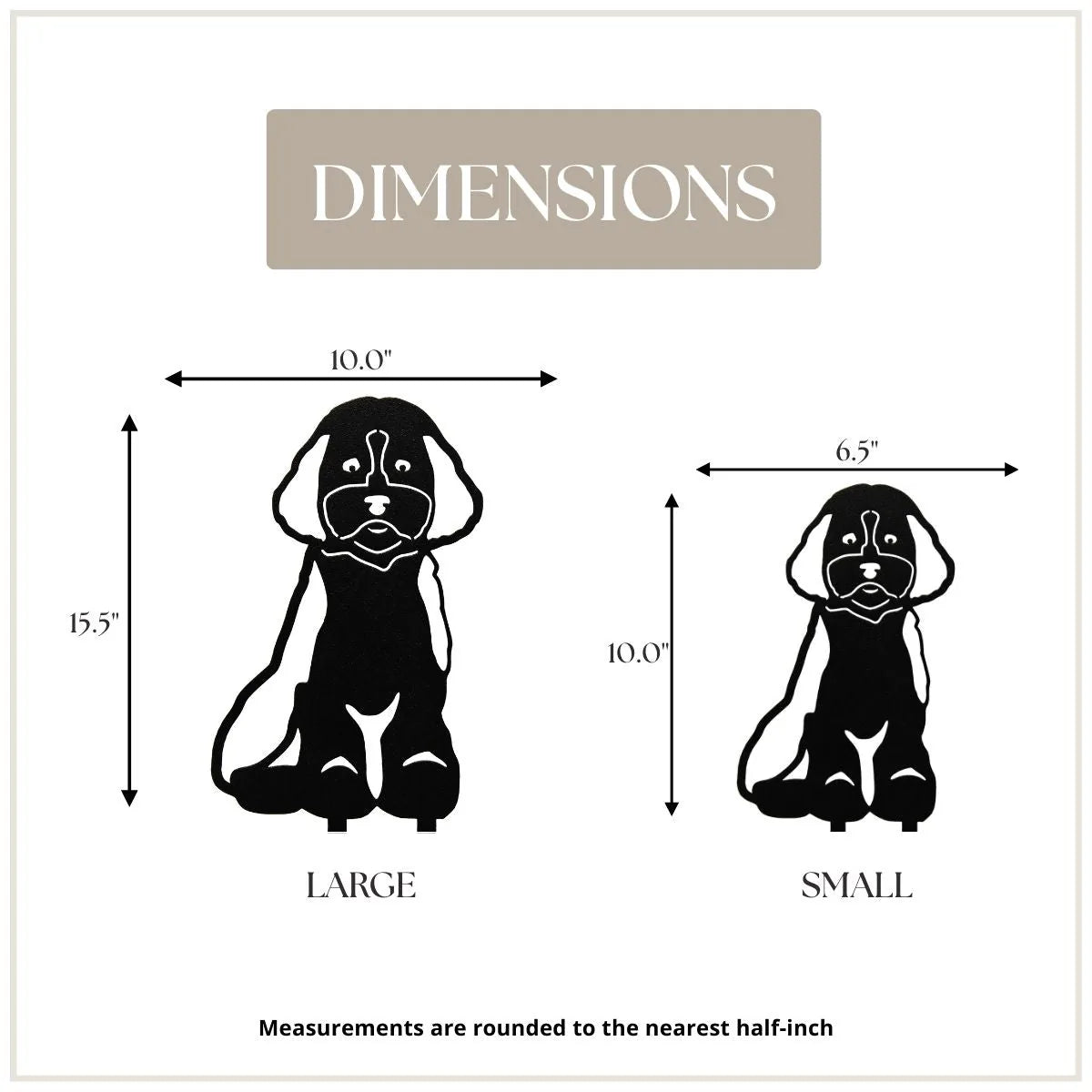 Black metal silhouette of a Cavapoo, showing dimensions for Large and Small sizes, with a playful design.