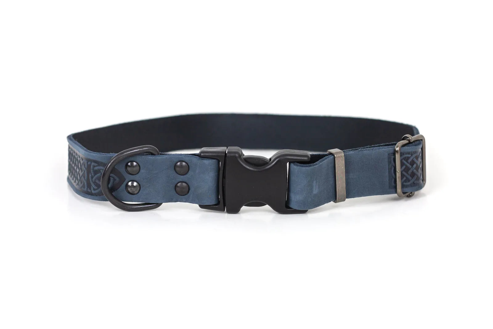 Celtic Sport Blue Jeans leather dog collar featuring all-black hardware and a unique woven design.