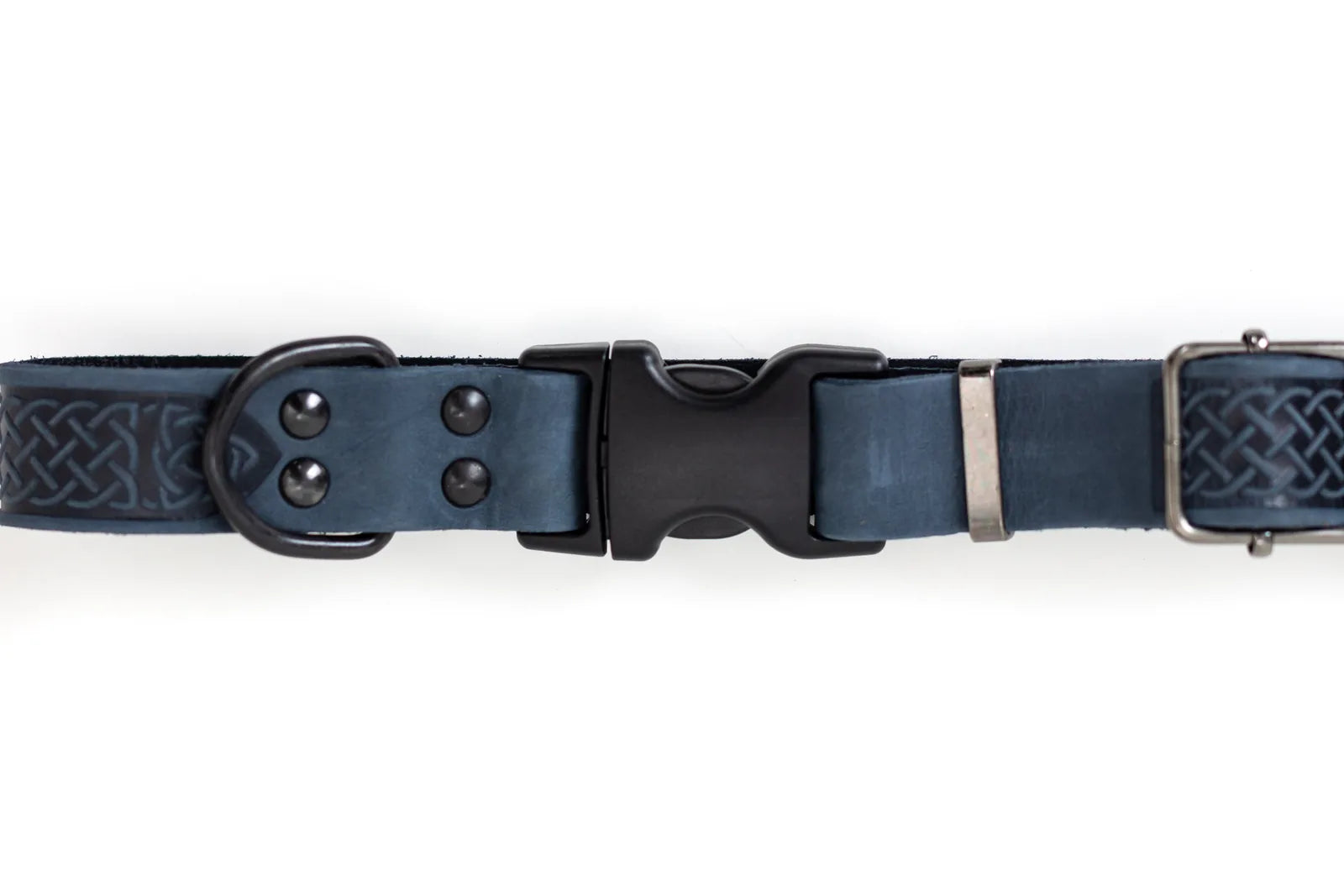 Celtic Sport blue jeans leather dog collar with a unique rune design and black hardware, featuring a quick-release buckle.