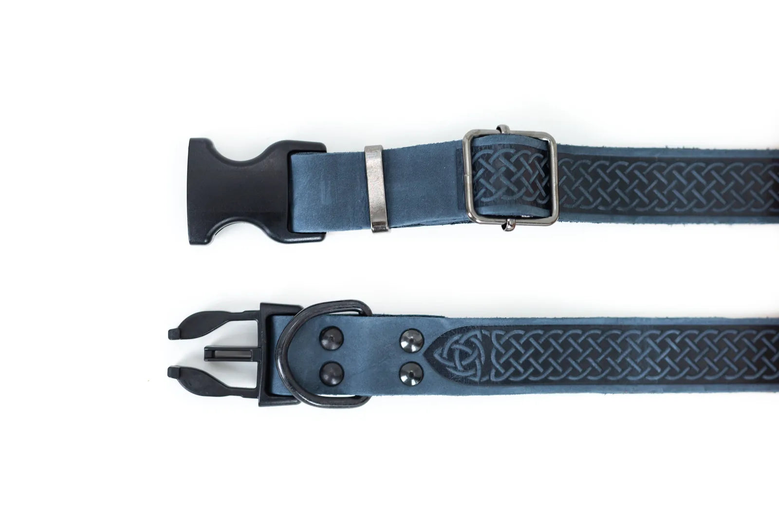 Celtic Sport Blue Jeans Leather Dog Collar featuring intricate braided design and all-black hardware, stylish and durable.