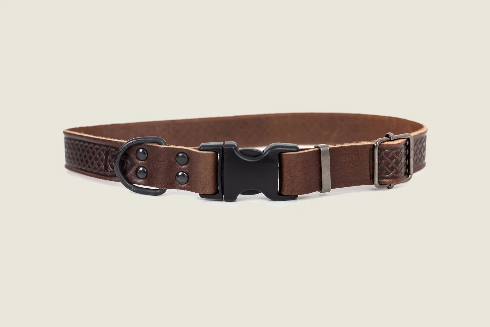 Celtic Sport Chocolate Leather Dog Collar with black hardware and intricate woven design, ideal for daily walks.