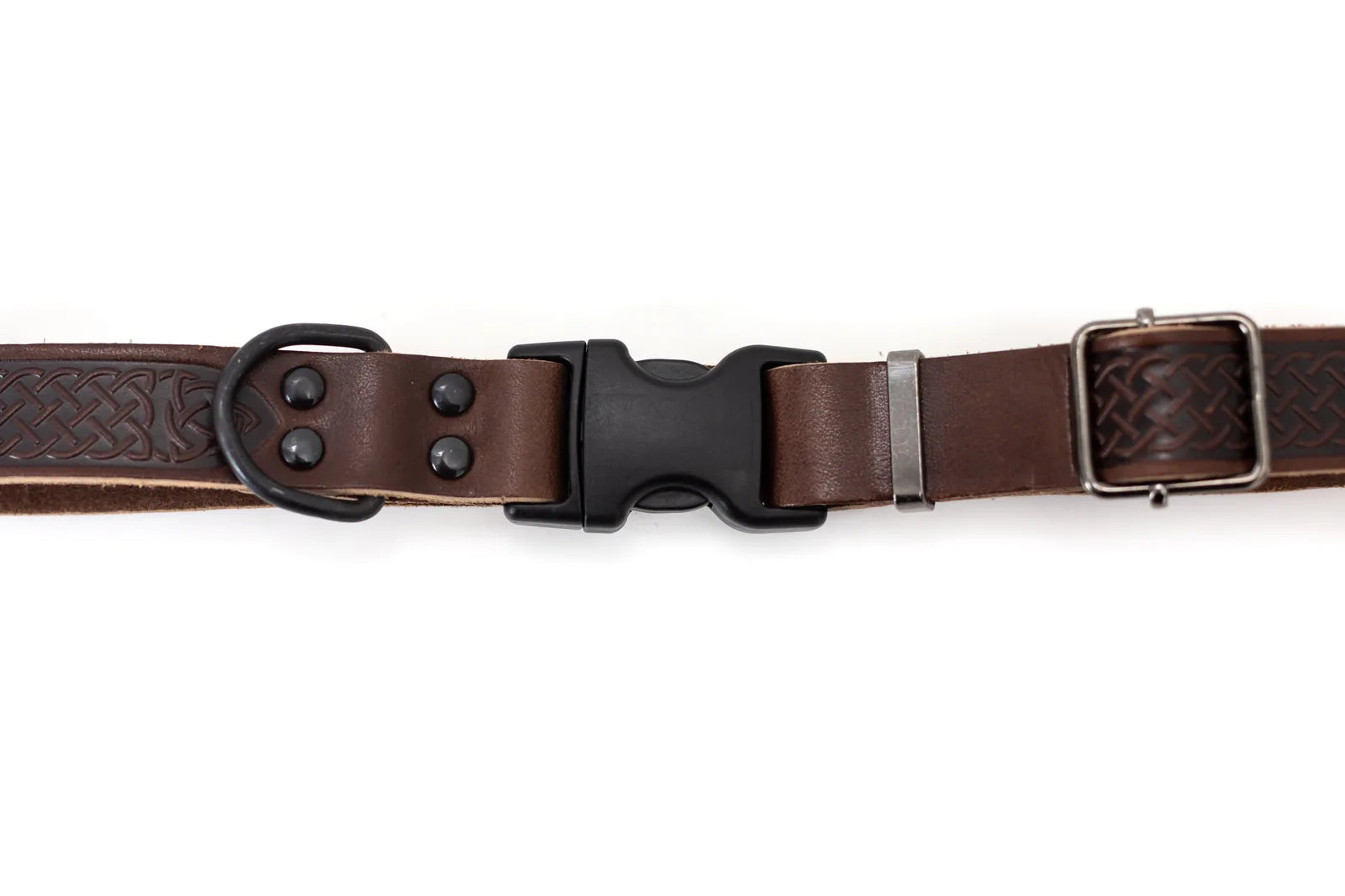 Chocolate leather dog collar featuring Celtic pattern, black quick-release buckle, and silver metal hardware.