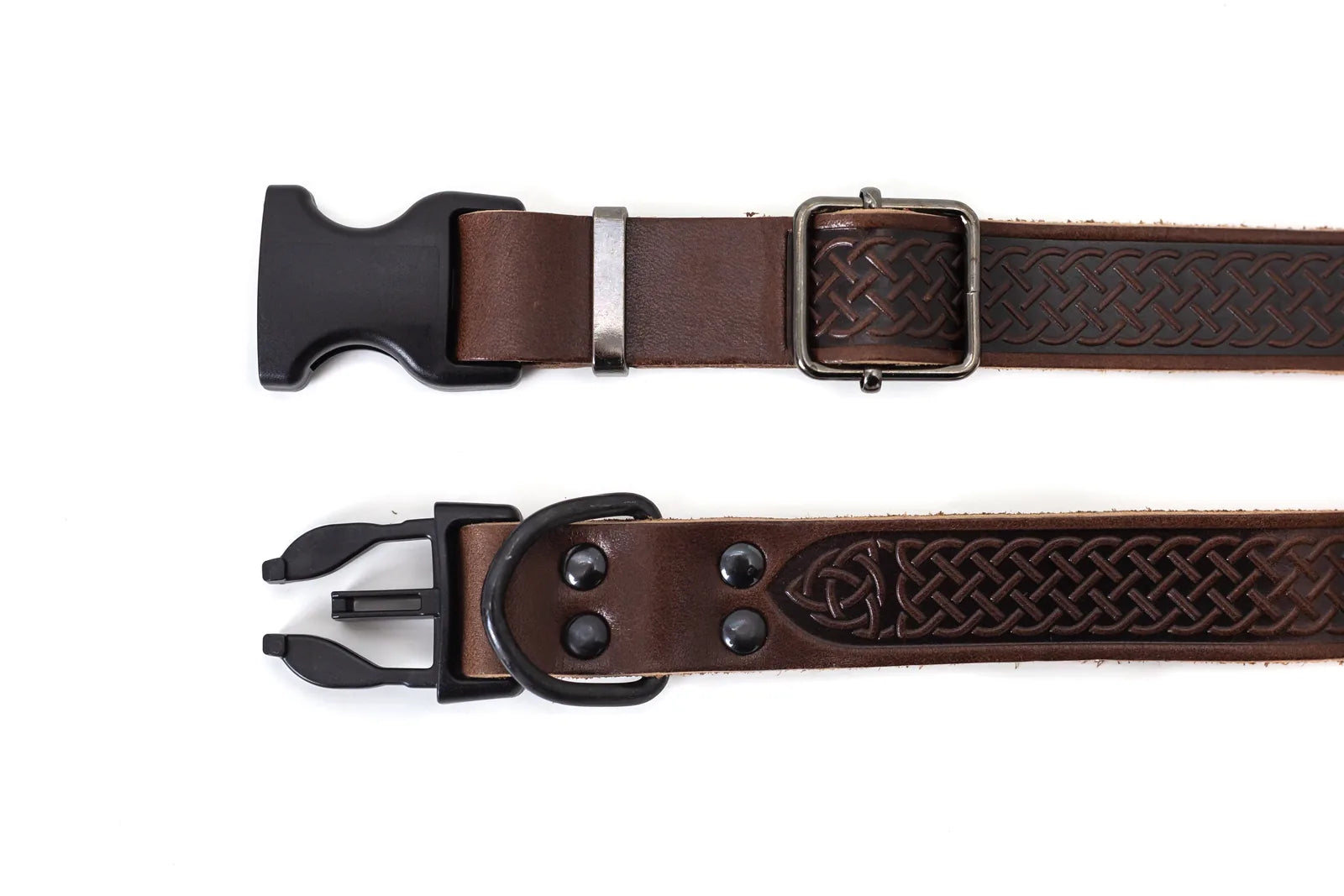 Chocolate leather dog collar featuring Celtic design and strong quick-release buckle, displayed on a white background.