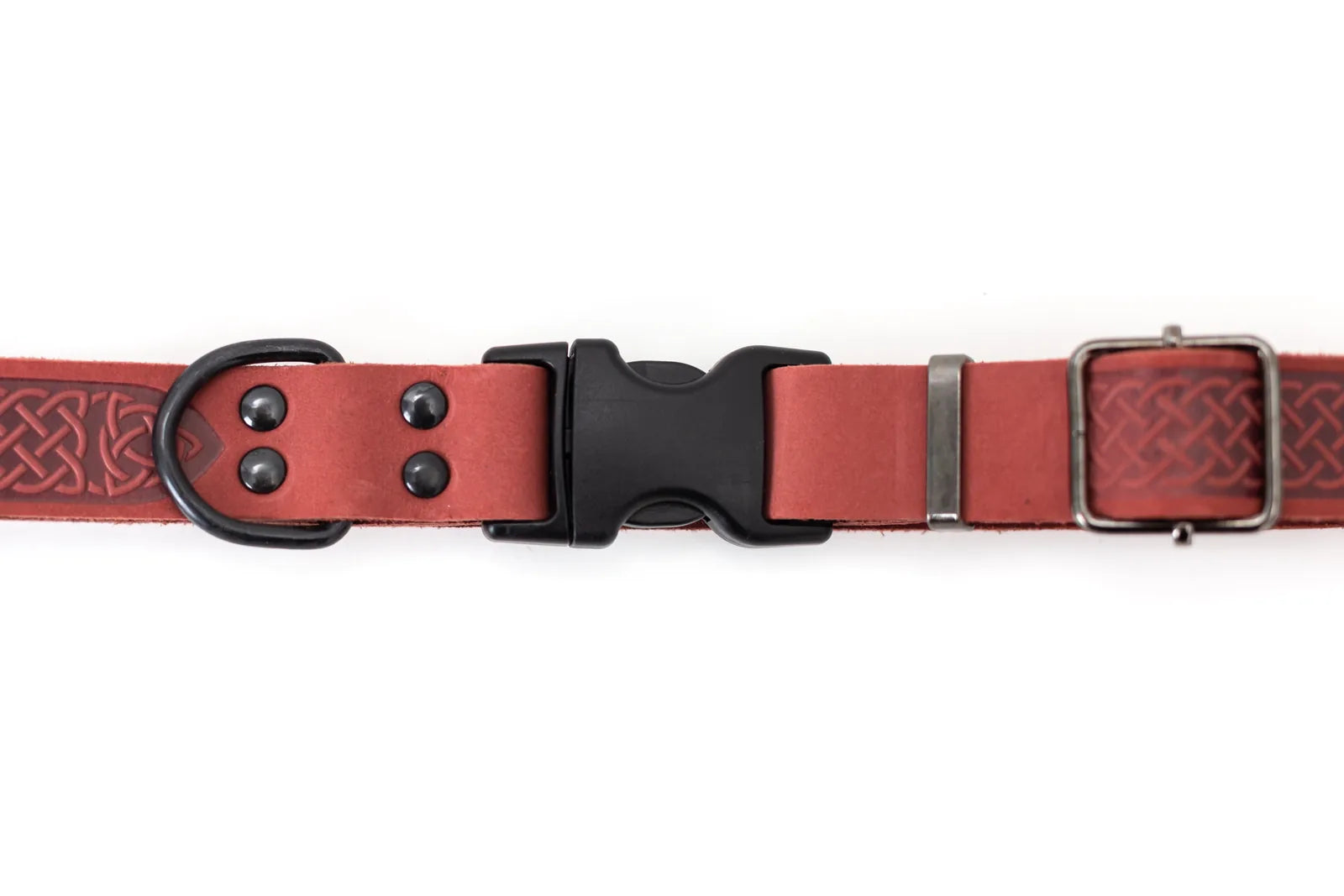 Celtic Sport Coral Reef leather dog collar featuring a black quick-release buckle and intricate rune design.