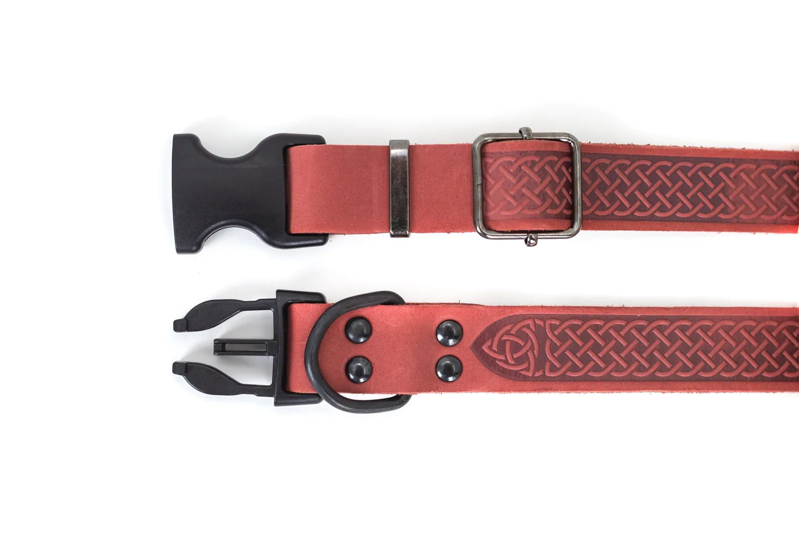 Celtic design leather dog collar in coral reef color, featuring black quick-release hardware and no visible stitching.