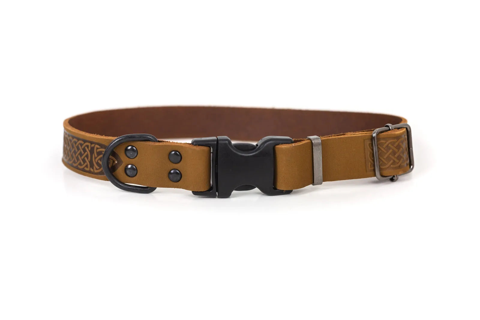 Celtic Sport Earth Brown Leather Dog Collar featuring a black quick-release buckle and intricate rune design.