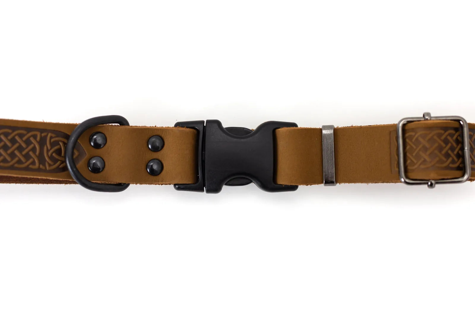 Earth brown leather dog collar with Celtic design, black hardware, and a quick-release buckle for easy use.