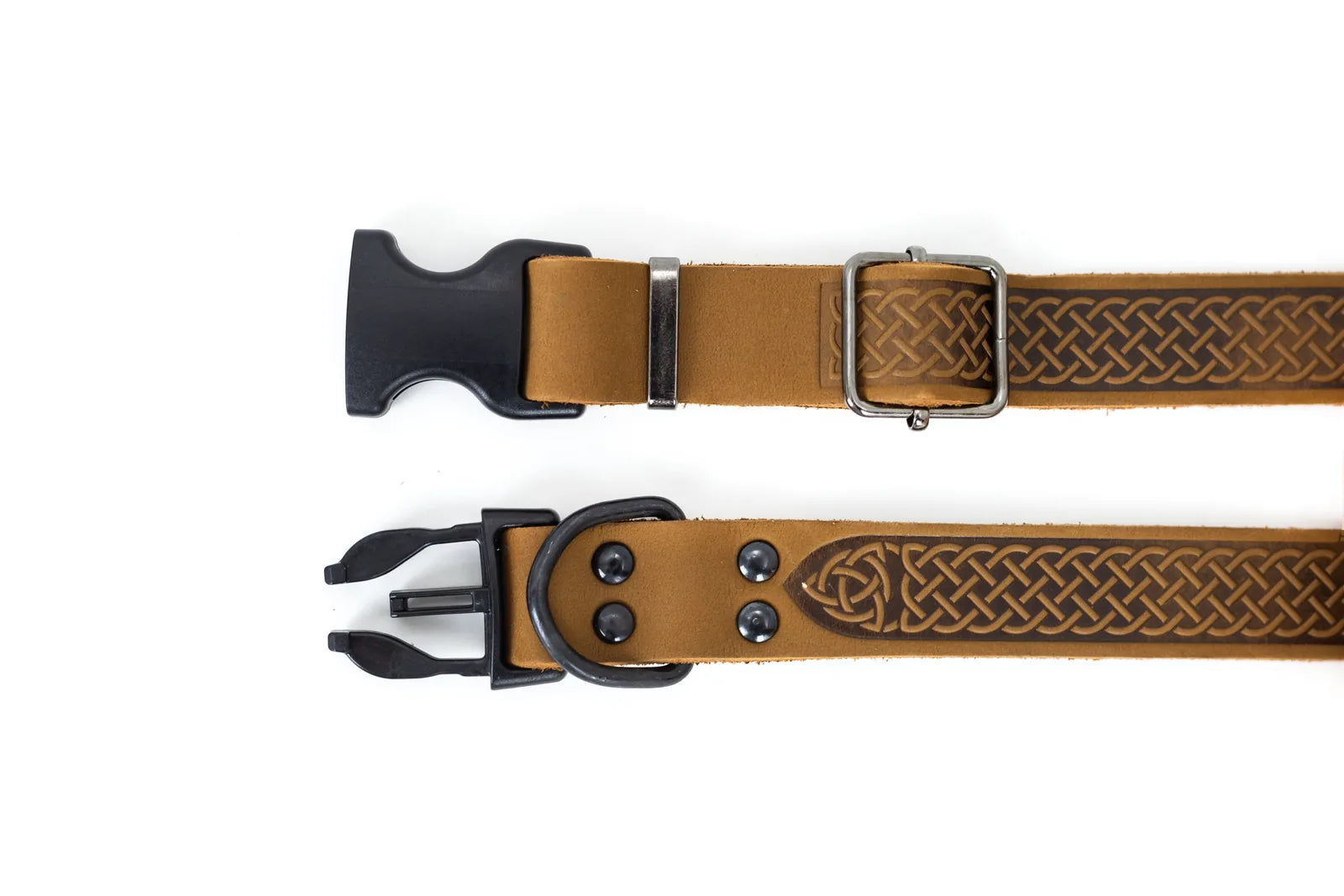 Earth brown leather dog collar with Celtic design, featuring black hardware and quick-release buckle for durability.