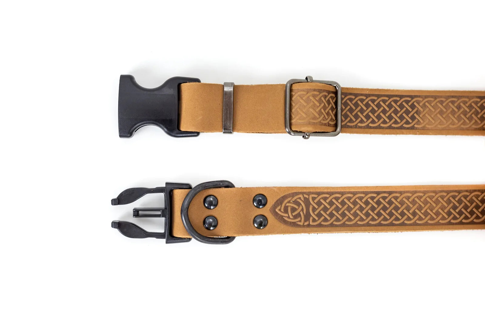 Khaki leather dog collar with Celtic pattern and black hardware, featuring a quick-release buckle for easy use.
