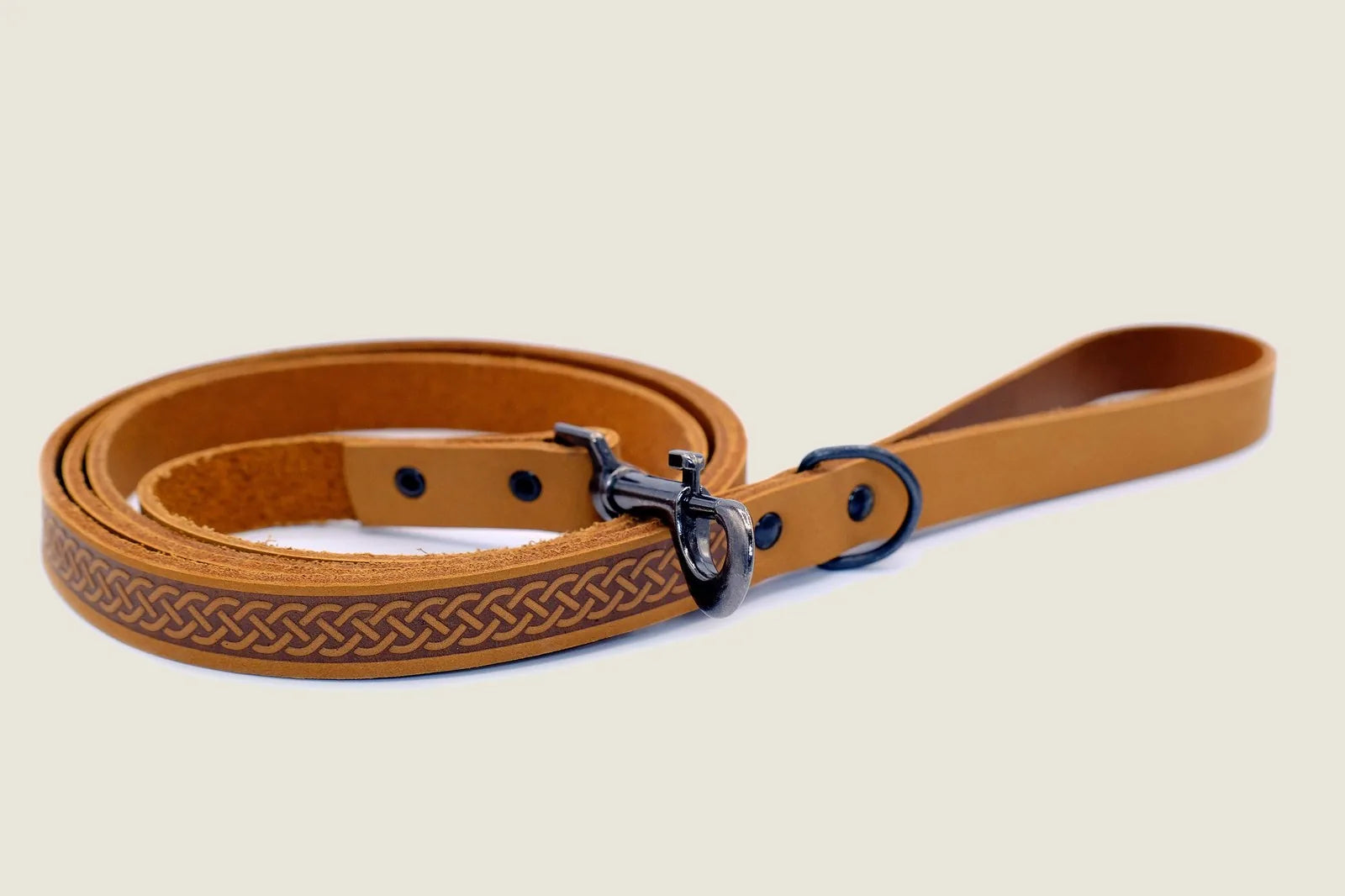 Khaki leather dog leash with Celtic Fire & Water Rune design and black hardware, perfect for walks and outdoor adventures.