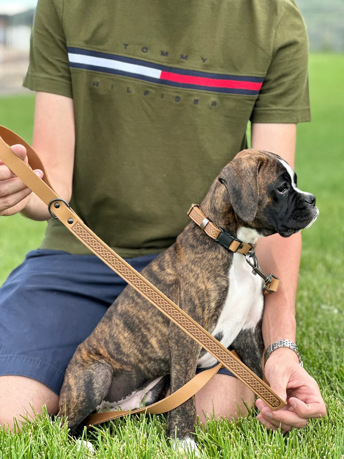 Celtic design leather dog leash in khaki held by a person with a brindle puppy on grass.