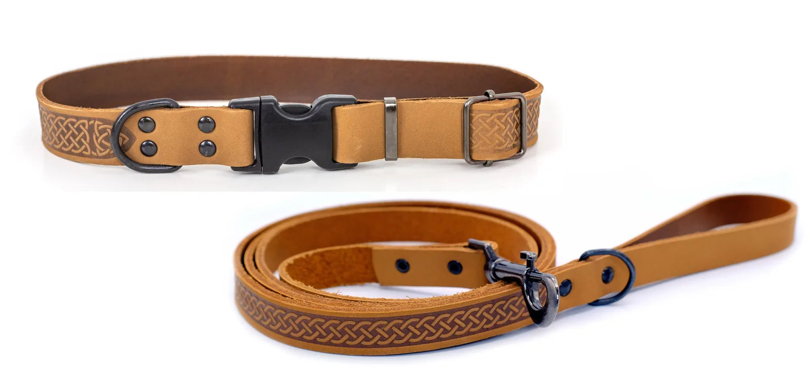 Leather dog collar and leash set in tan with a Celtic design, featuring a quick-release buckle and reinforced stitching.