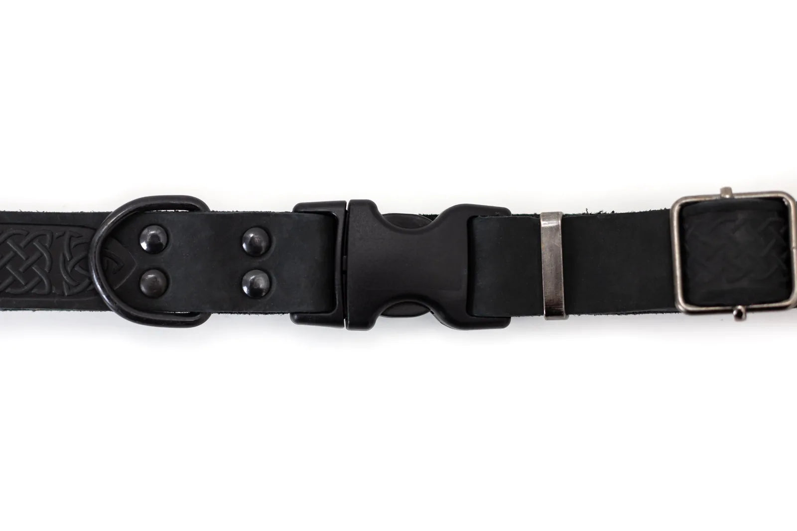Midnight black leather dog collar featuring a Celtic design, quick-release buckle, and sleek black hardware.