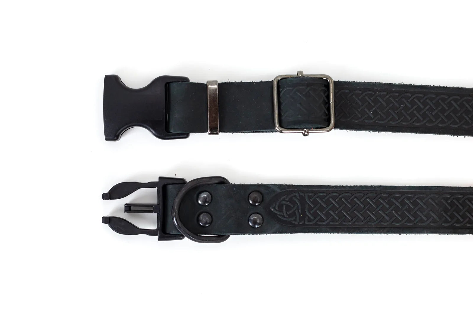 Midnight black leather dog collar with Celtic pattern, quick-release buckle, and smooth black hardware.