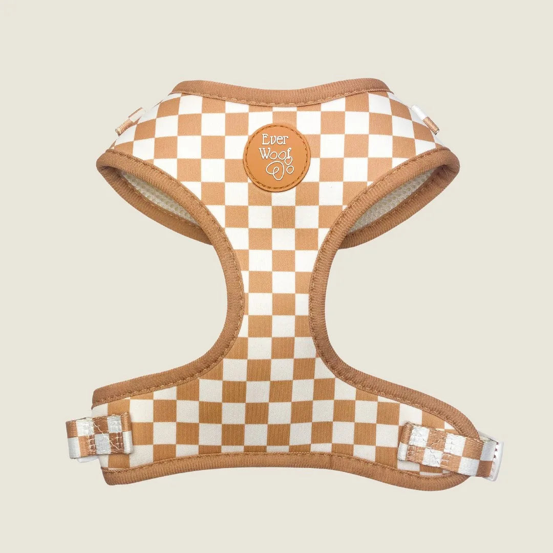 Brown and white checkered adjustable dog harness with a padded lining and an EverWoof logo patch.