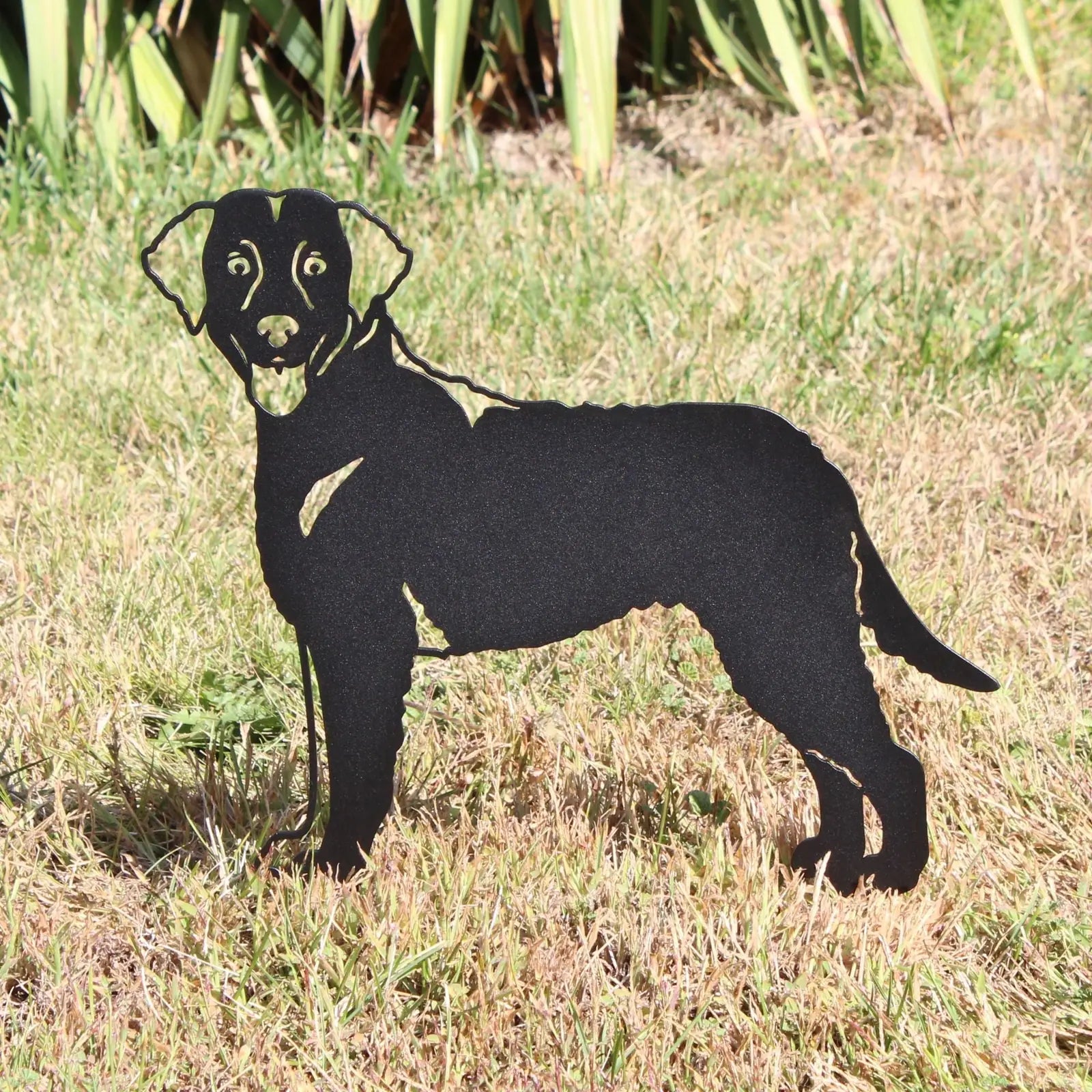 Black metal silhouette of a Chesapeake Bay Retriever standing in grass, perfect for outdoor garden decor.