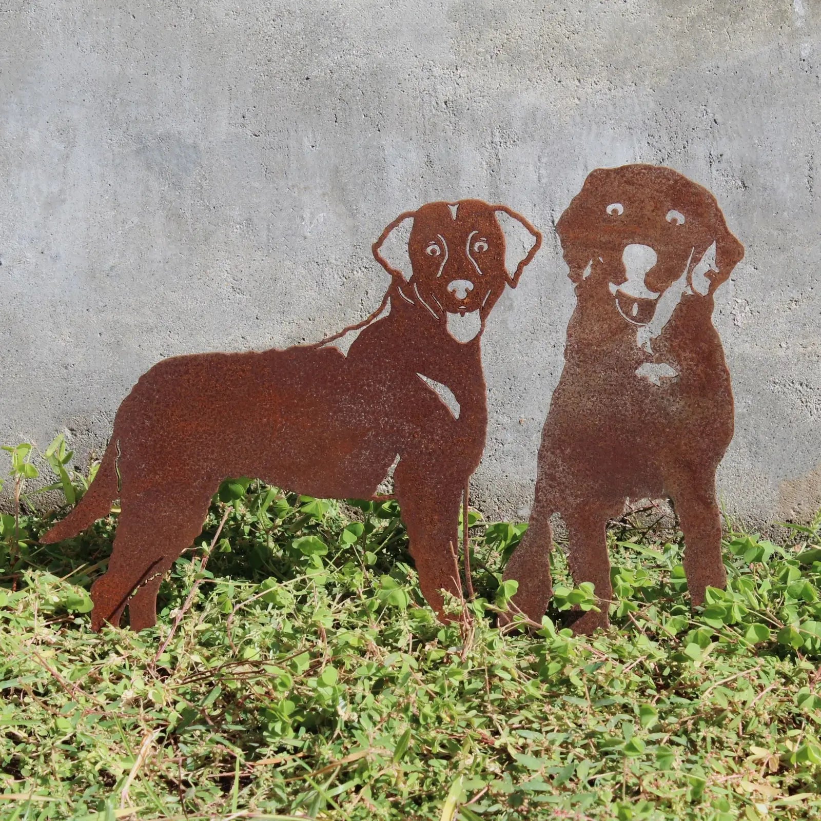 Handcrafted Corten steel silhouette of two Chesapeake Bay Retrievers, positioned in greenery with a rustic patina finish.