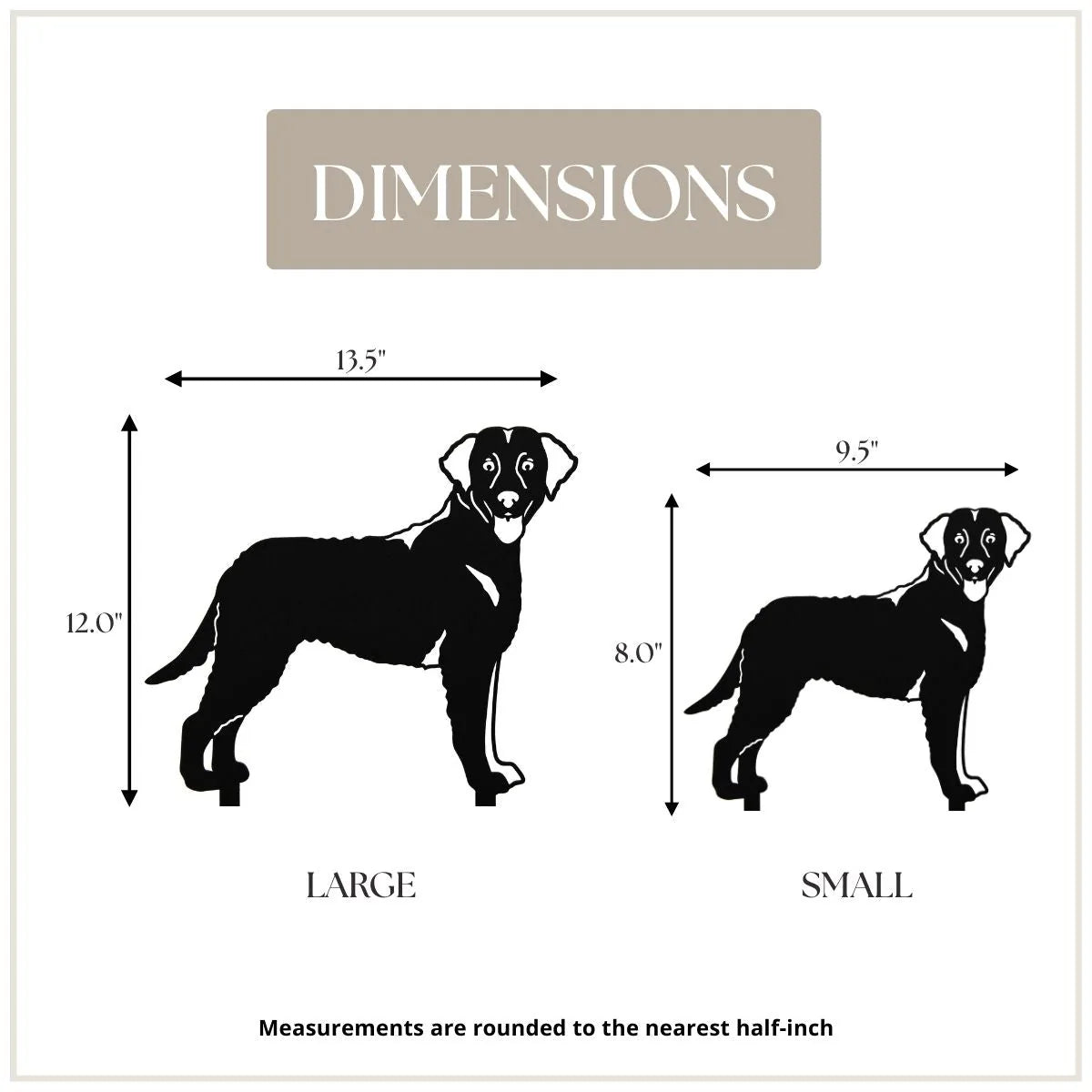 Chesapeake Bay Retriever metal silhouette dimensions, showing large (12"x13.5") and small (8"x9.5") sizes in black.