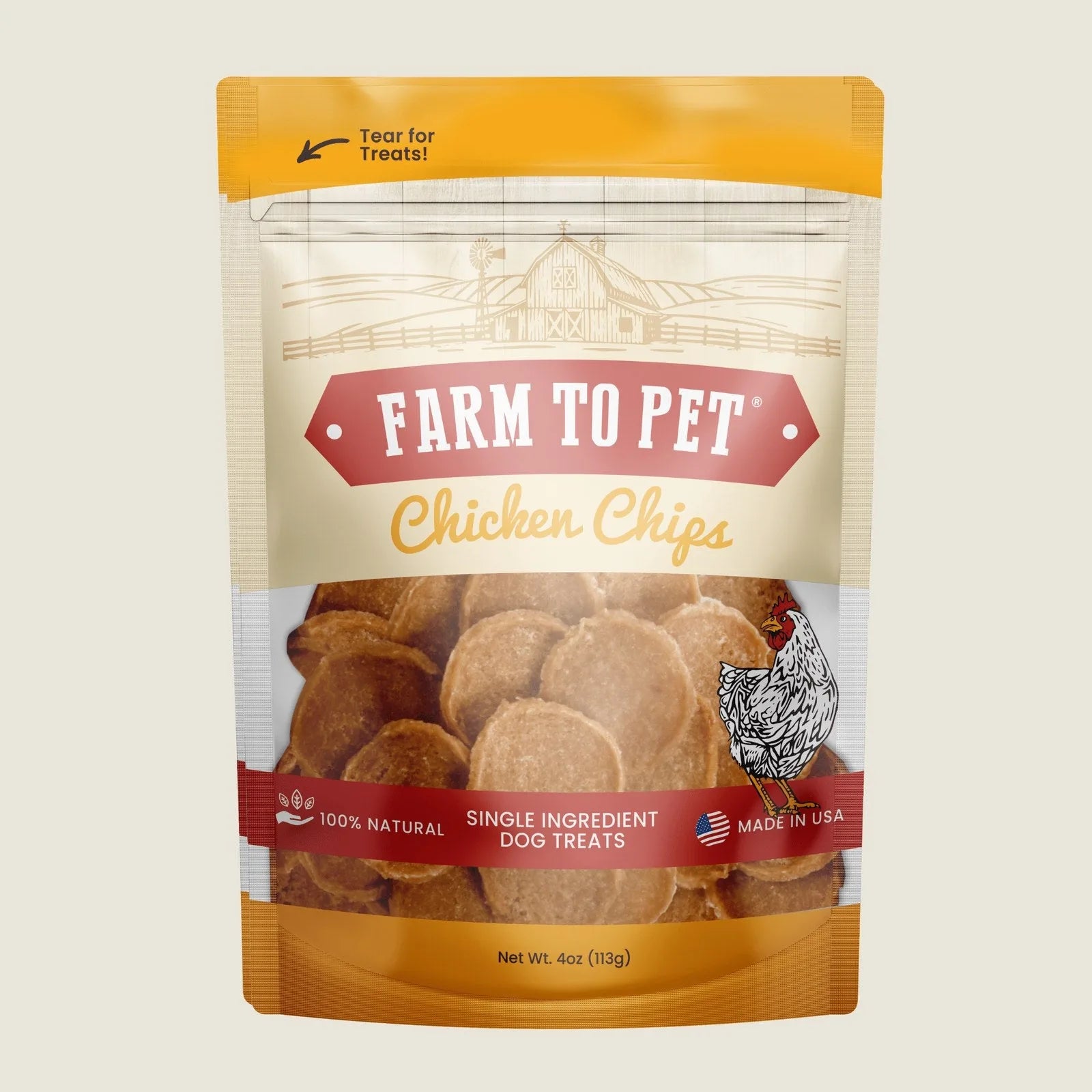 Farm To Pet Chicken Chips in a resealable pouch with a colorful label and crunchy, round treats displayed inside.