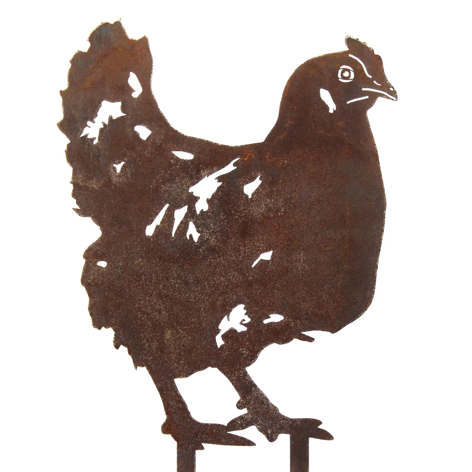 Rusty Corten steel chicken silhouette, designed for outdoor garden decor, featuring detailed feathers and stance.