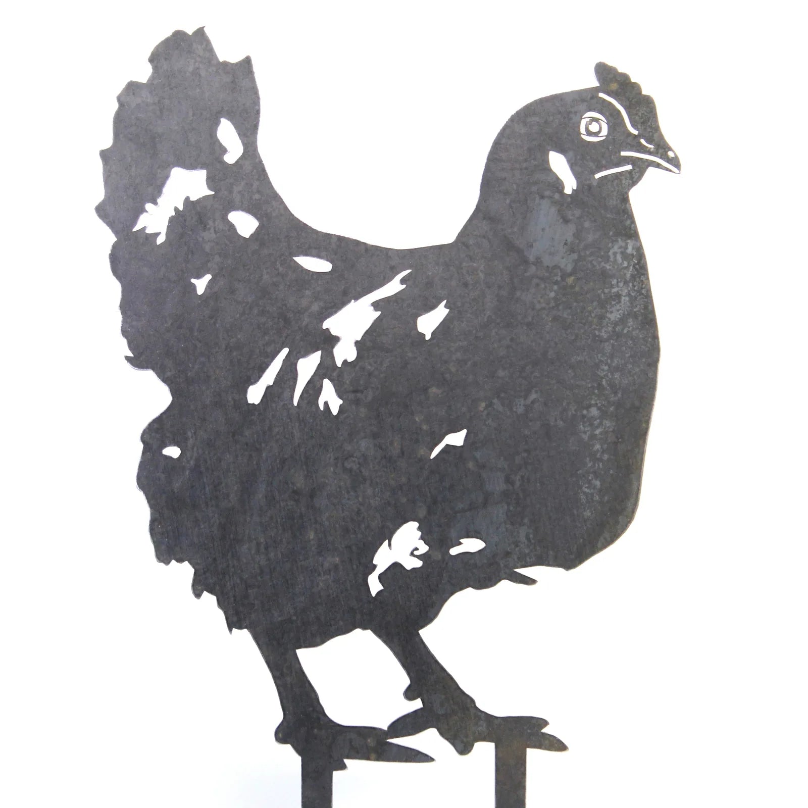 Black metal chicken silhouette made from weathering steel, designed for outdoor garden decor, showcasing intricate detailing.