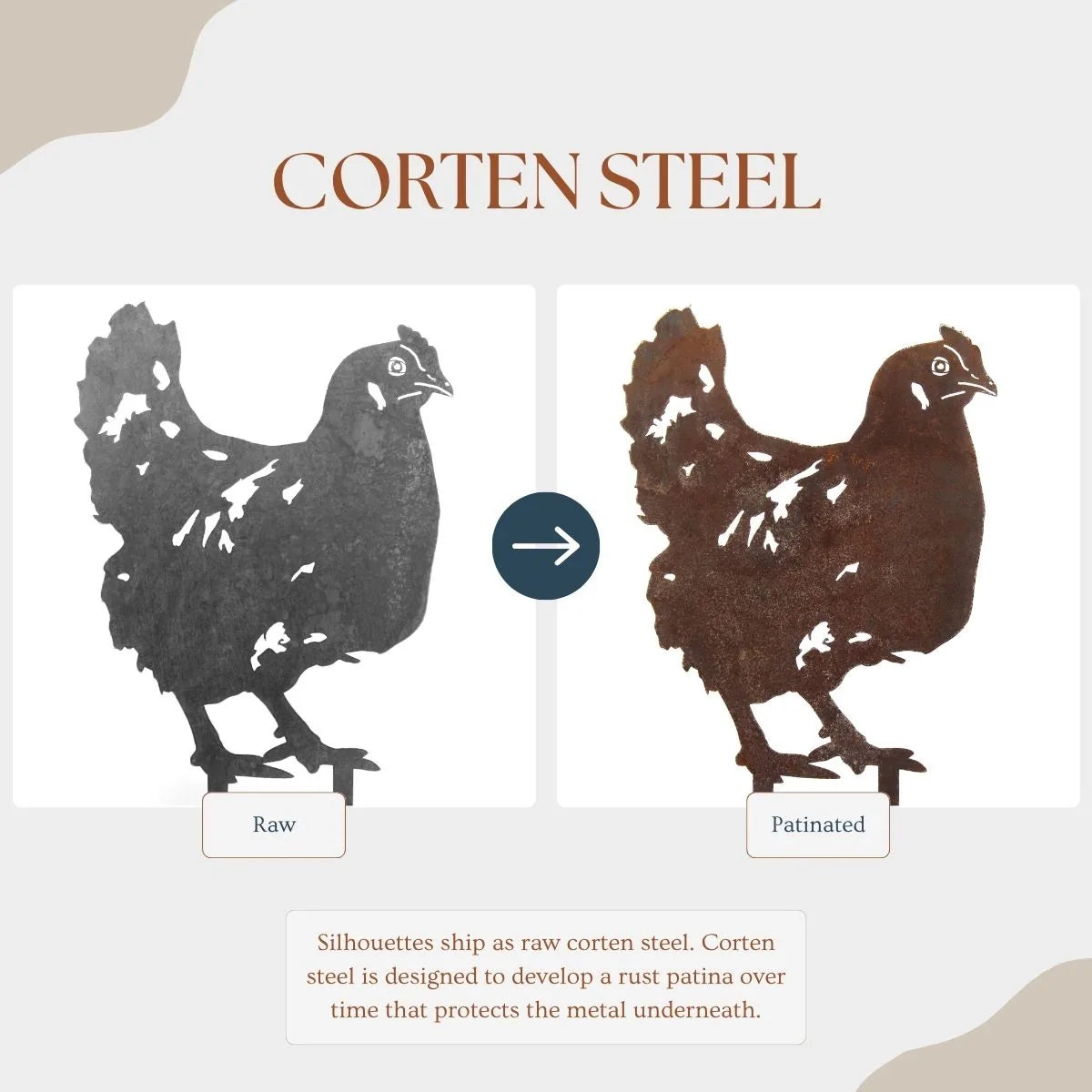 Corten steel chicken silhouette showing raw finish on the left and patinated, rusted look on the right for garden decor.