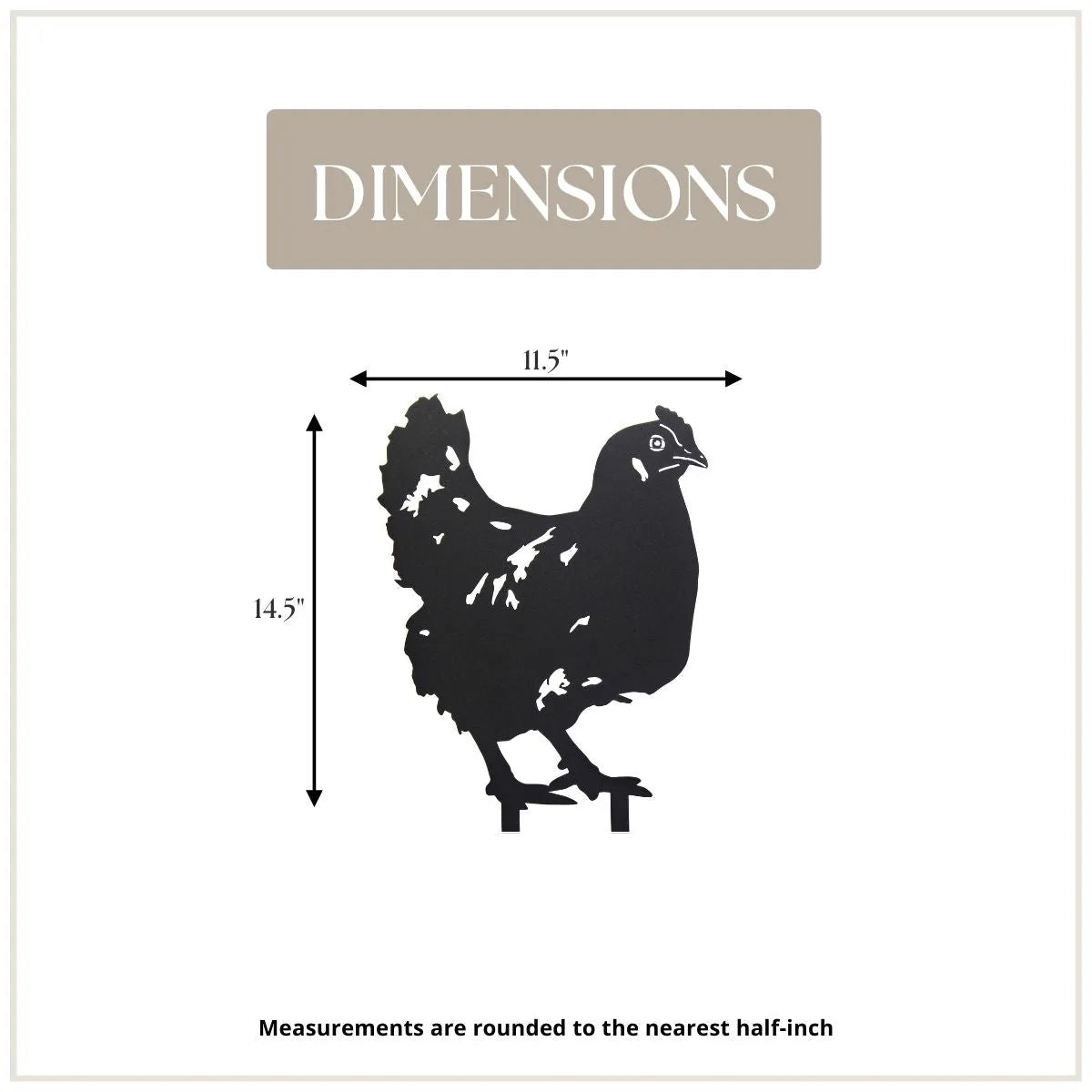 Black metal silhouette of a chicken with measurements shown: 14.5" tall and 11.5" wide, perfect for garden decor.