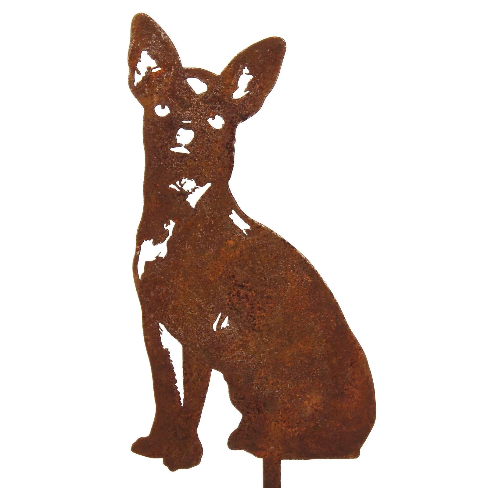 Rusty metal silhouette of a sitting Chihuahua dog, showcasing detailed features for outdoor decoration.
